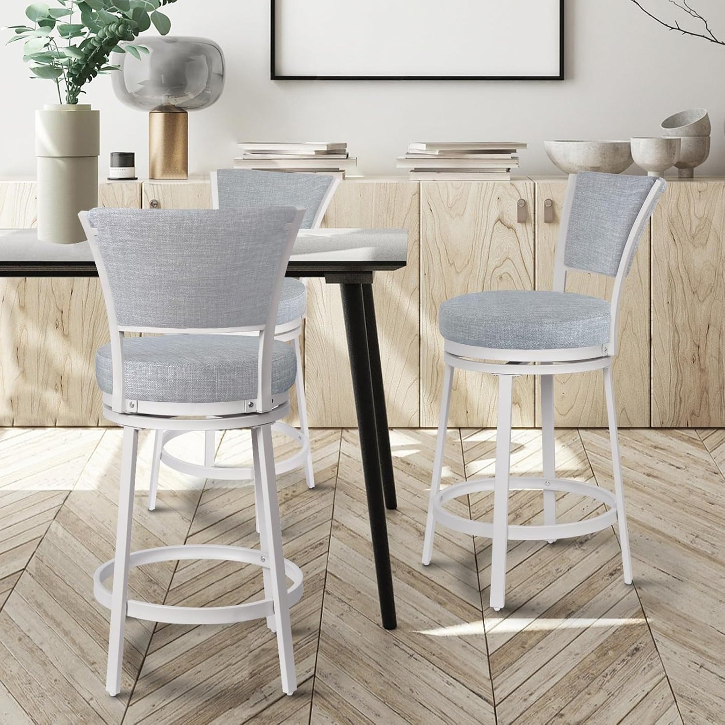 Bar Stools, Counter Height Barstools Set of 2, 25" Linen Fabric Metal Round Swivel Bar Chairs with Back, Modern Upholstered Counter Stools for Kitchen Island, Grey & White