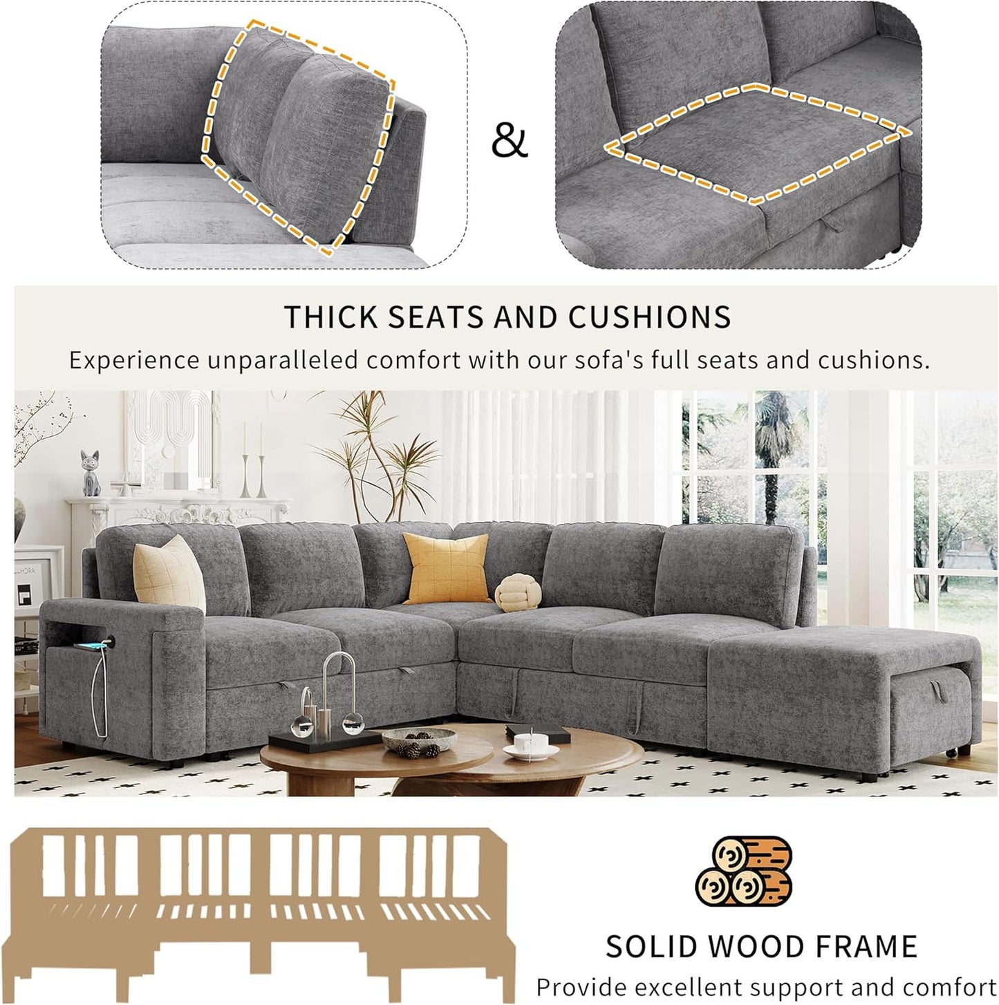 Merax L-Shaped Modular Sofa with Removable Storage Ottoman, USB Ports and Cup Holder, Upholstered Sectional Couch & Armrest, Free Combination Indoor Furniture for Living Room, Apartments, Gray