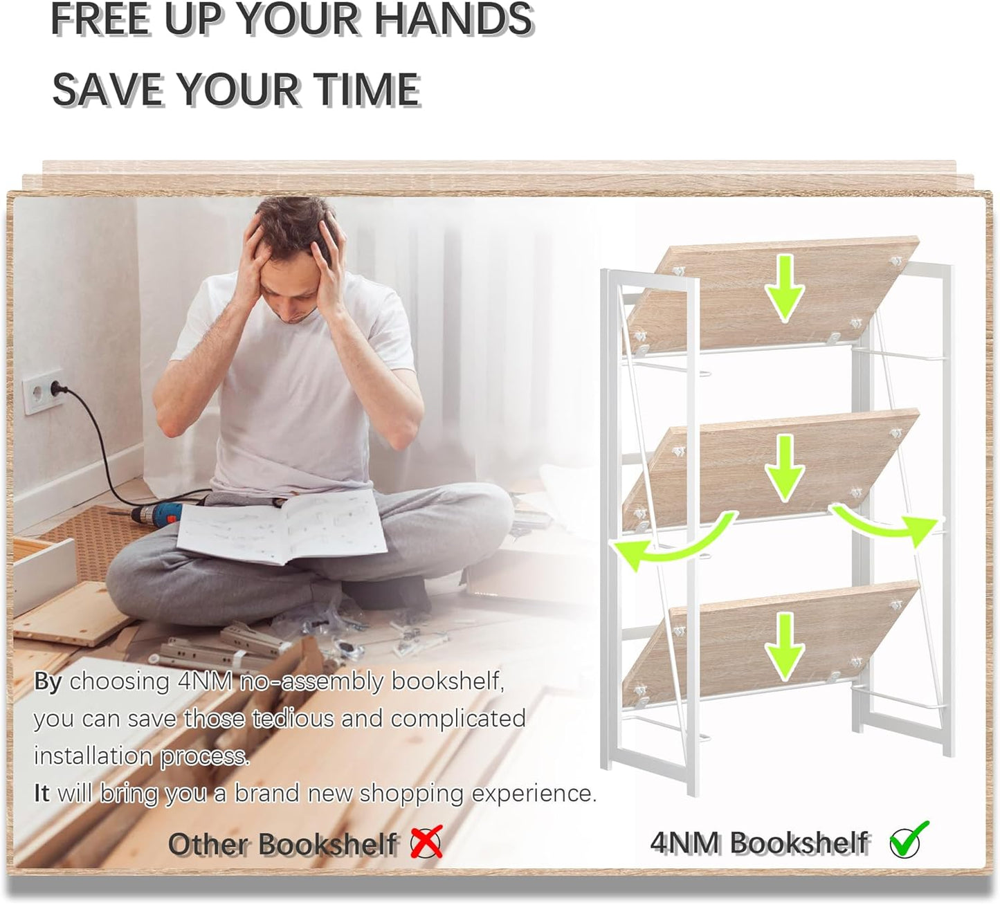 4NM No Assembly 3 Tiers Book Shelves, White Folding Bookshelf Bookcase Open Industrial Foldable Shelves for Bedroom, Living Room, Home Office - Natural White