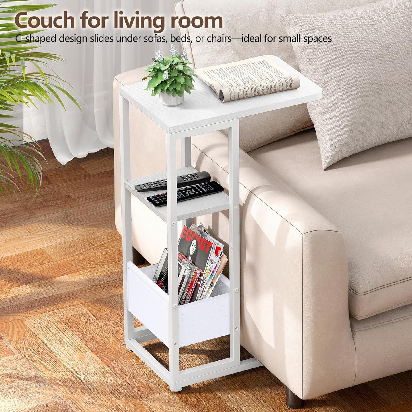C Shaped End Table, Small Side Table for Couch, Recliner, Slide Under Sofa Tray Desk Snack Tables with Storage Bag for Living Room,Bedroom, Small Spaces - White