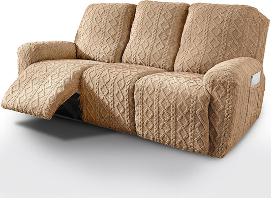 vctops 8 Pieces Geometric Jacquard Plush Recliner Sofa Covers Soft Fuzzy Fluffy 3 Seats Couch Cover Anti-Slip Sofa Slipcover Furniture Protector with Elastic Bottom for Kids Pet(Brown,3 Seat)