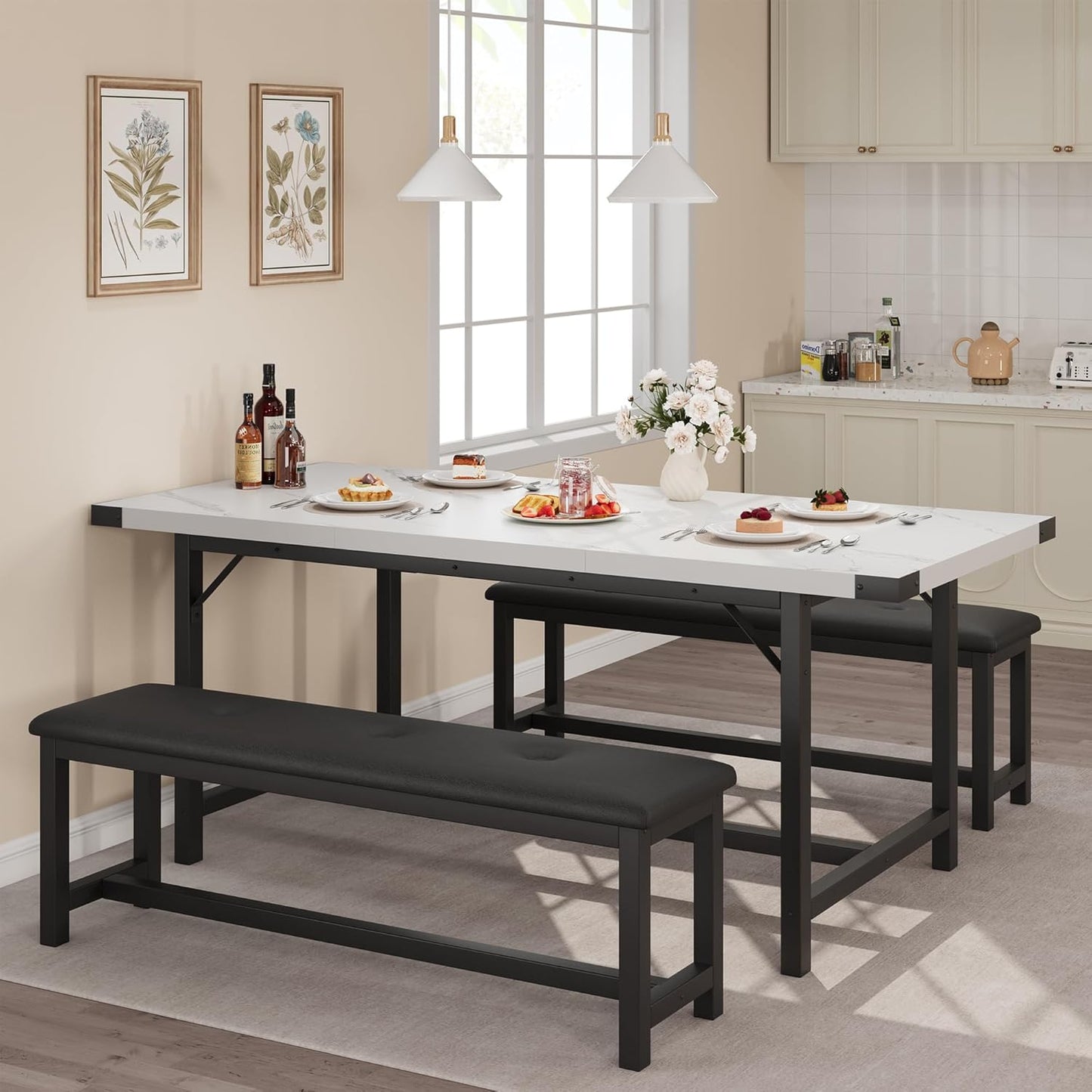 3-Piece Dining Table Set for 4-6 People, Extendable Kitchen Table Set with 2 Upholstered Benches, Dining Room Table Set for Apartment, Kitchen, Living Room, Marble White