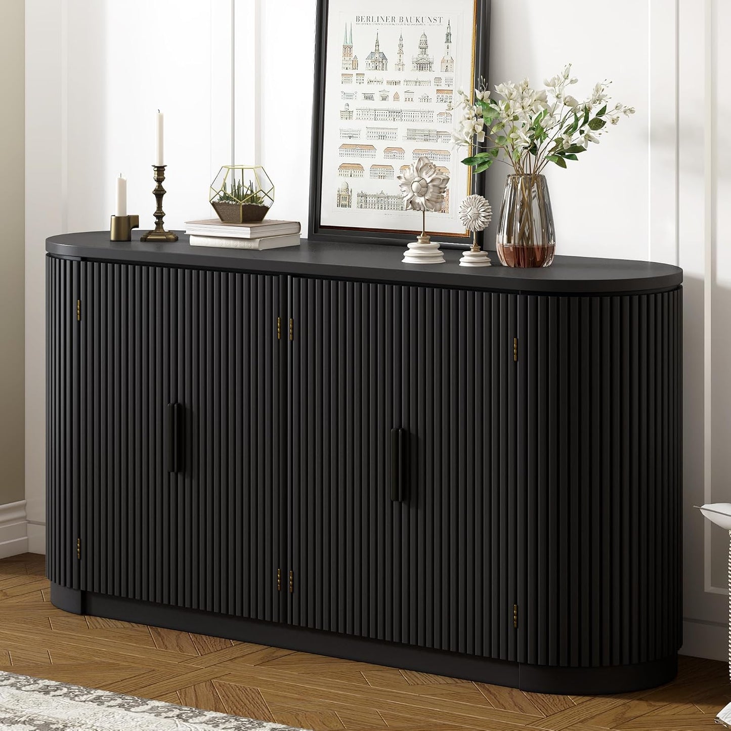 Merax 63" Large Sideboard, Vertical Striped Storage Cabinet with 4 Door, Metal Handles, Adjustable Shelf, Suitable for Study, Entryway and Living Room, Black