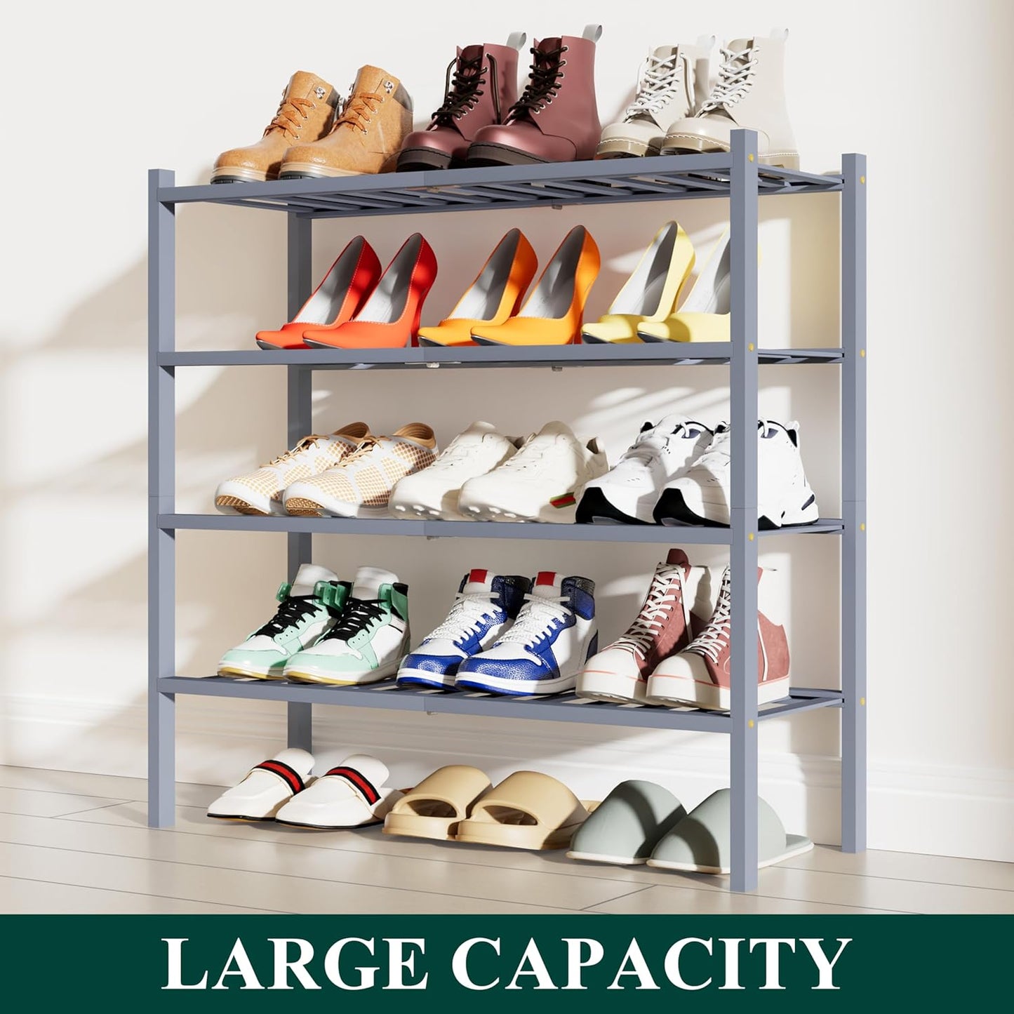 Smiry Shoe Rack, 4 Tier Bamboo Shoe Organizer, Stackable Free Standing Wooden Shoe Storage Shelf for Closet, Entryway, Front Door Entrance, Grey