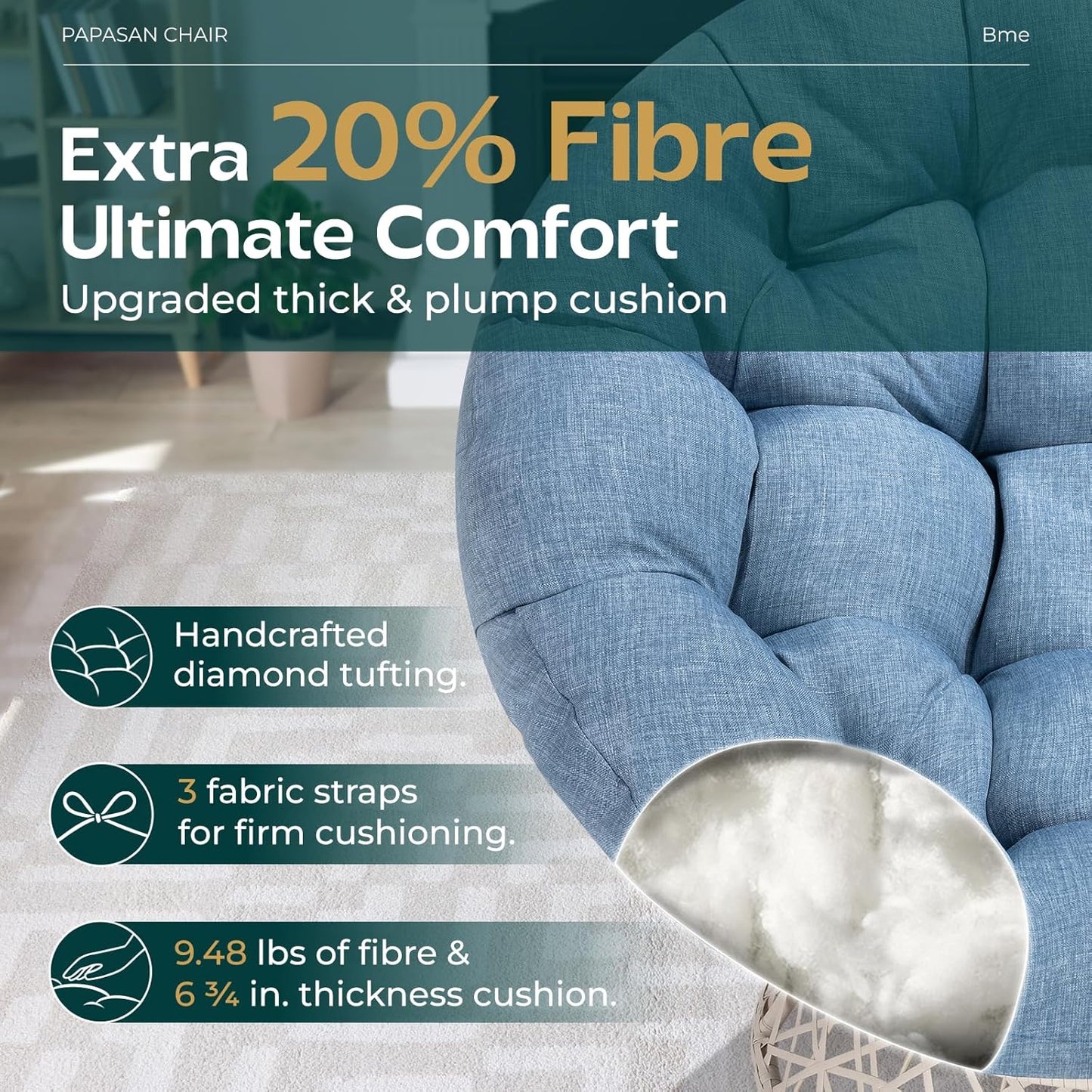 Bme 40" Ergonomic Wicker Papasan Chair with Soft Thick Density Fabric Cushion, High Capacity Steel Frame, 360 Degree Swivel for Living, Bedroom, Reading Room, Lounge, Serene Oasis - White Base