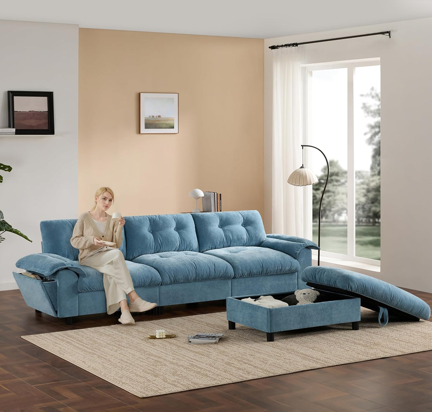 Ball & Cast Modular L Shaped Sectional Sofa with Movable Storage Ottoman and Dual-Port Charging,4 Seater Comfy Cloud Couch W/Side Storage Pockets & Cup Holder,for Living Room,Apartment,Light Blue,104"