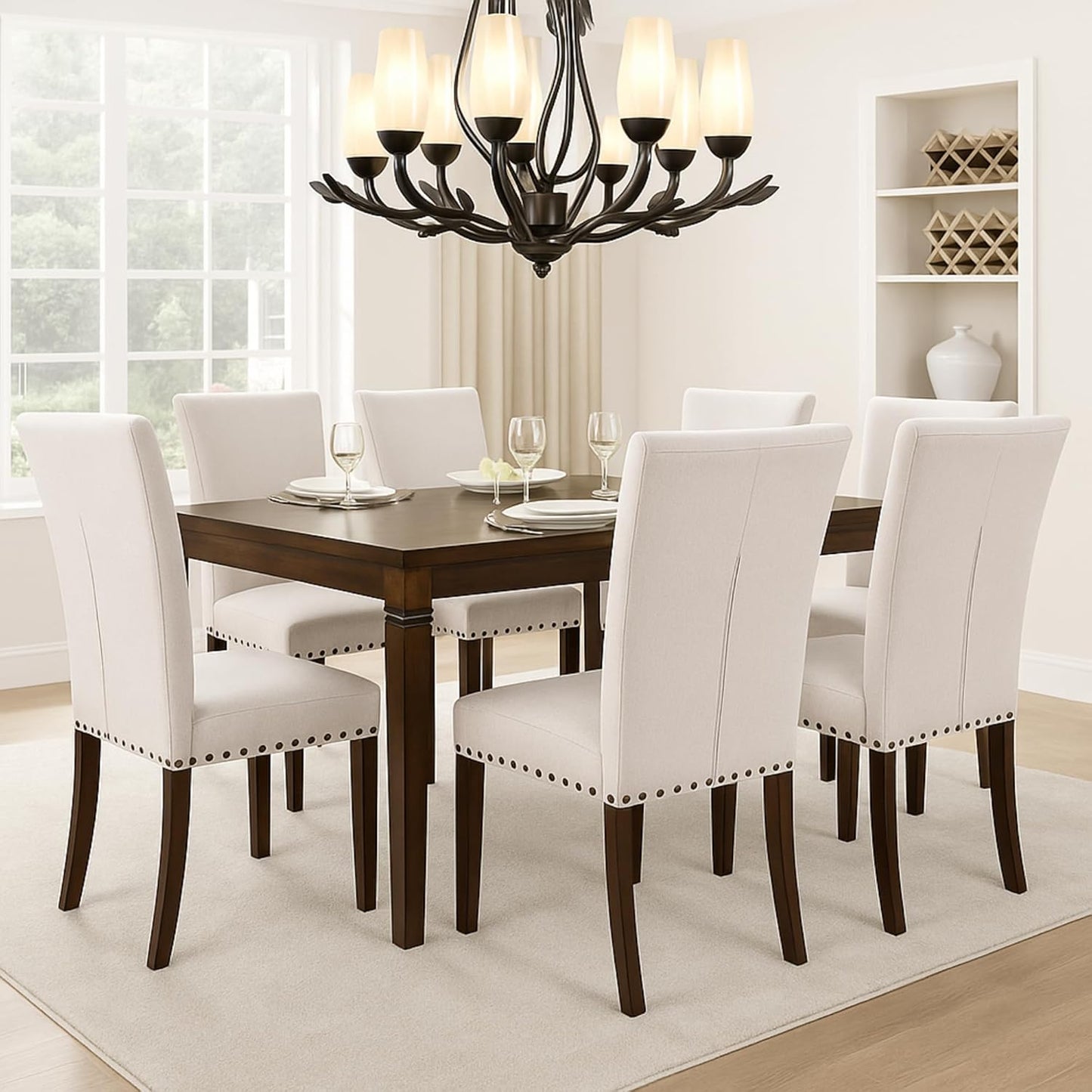 Set of 6 Beige Upholstered Dining Chairs, Farmhouse Kitchen Chairs with High Back, Solid Rubberwood Legs, Comfortable Padded Foam Seat, Bronze Nailhead Trim, Dining Room Chairs for Large Families