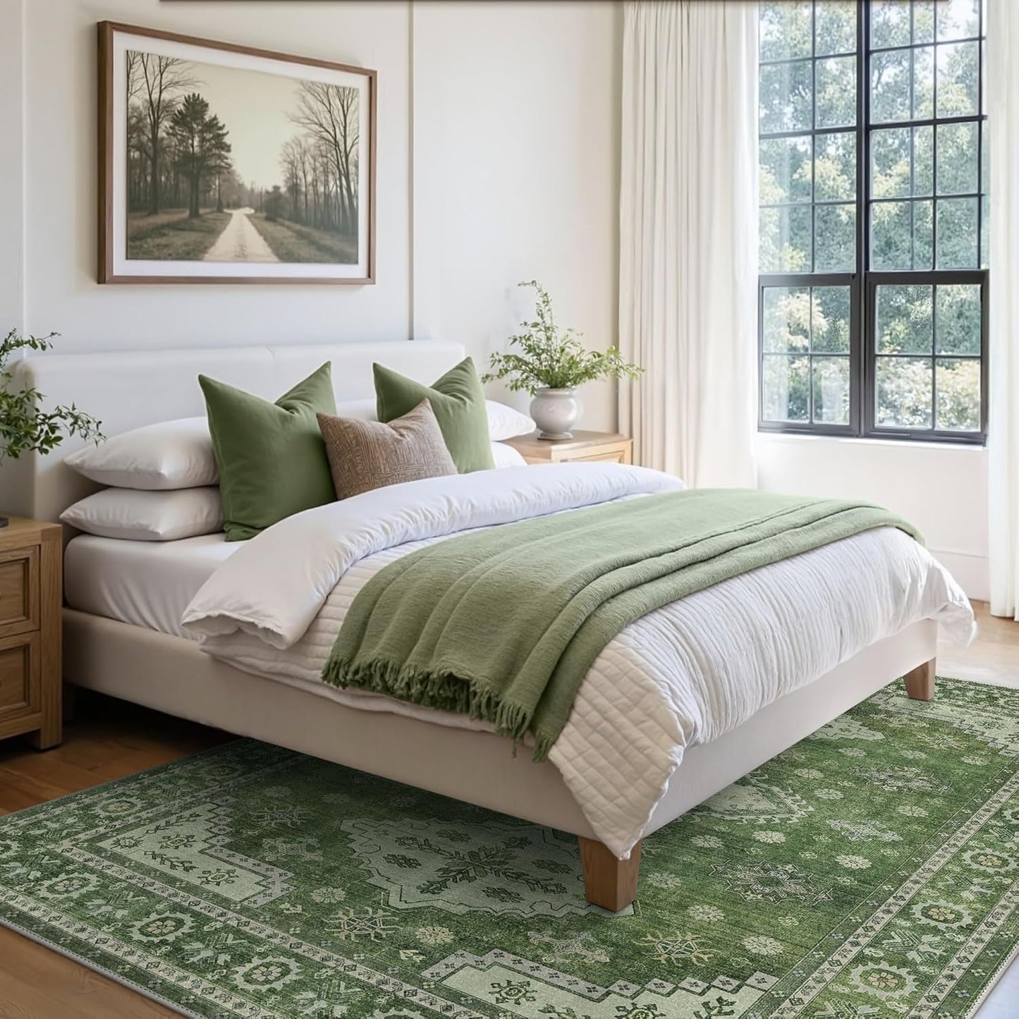 GENIMO Washable Rug 8X10 Area Rugs for Living Room Bedroom, Machine Washable Area Rug, Print Vintage Tribal Aesthetic Carpet, Low Pile Mat with Non Slip Rubber Backing, Distressed Green