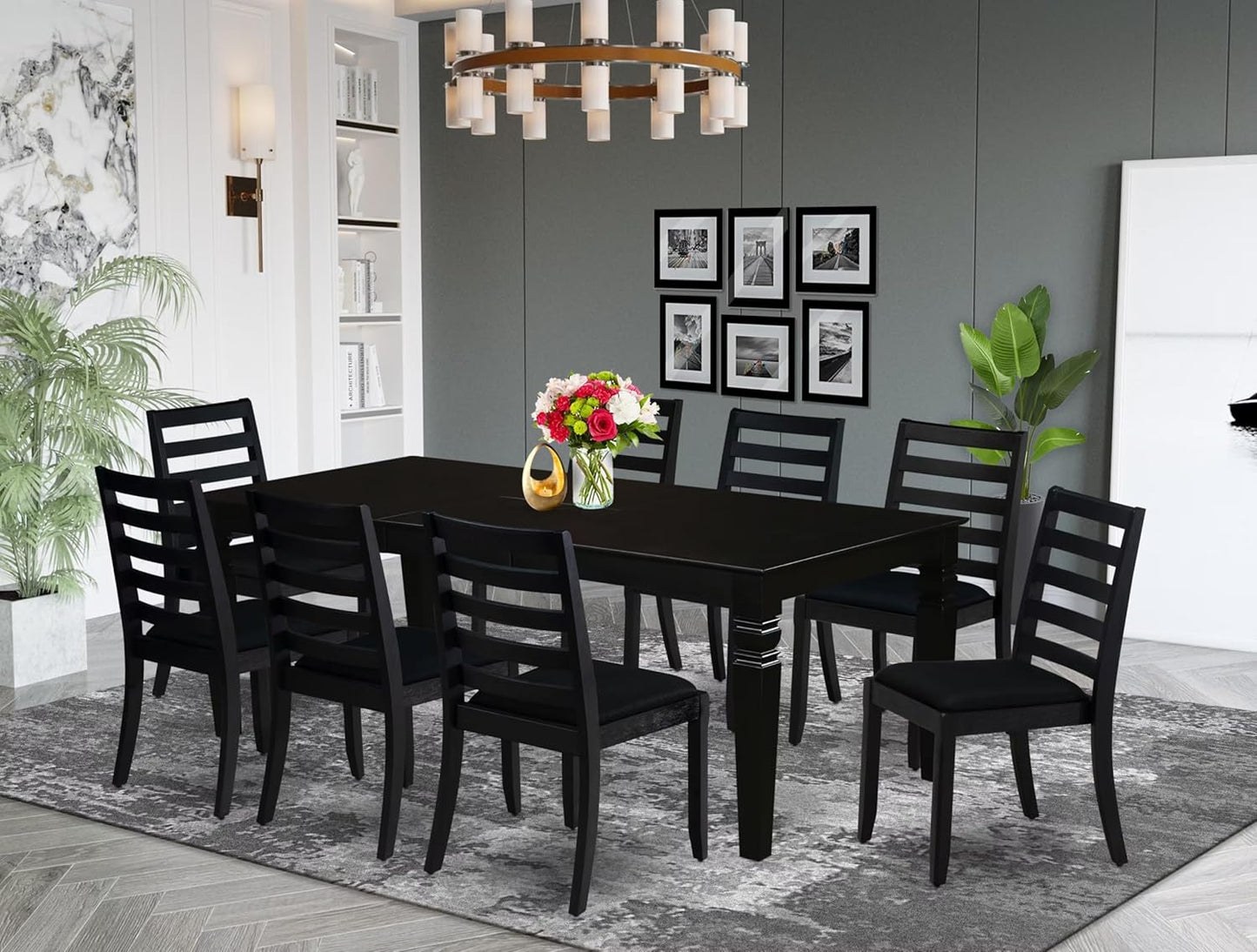 East West Furniture LGX19-BLK-24 -9 Piece Dining Set Includes a Rectangular Kitchen Table with Black Tabletop and 8 Stackable Polyester Fabric Chairs, Black