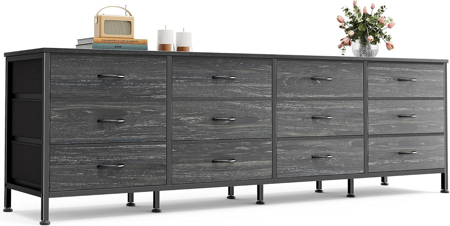 Huuger 70 Inch Dresser for Bedroom, TV Stand for 65, 75, 80 Inch TV,12 Fabric Drawer Long Dresser, Large Storage Organizer Unit, Chest of Drawer for Bedroom, Charcoal Black Wood Grain Print