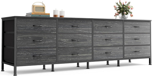 Huuger 70 Inch Dresser for Bedroom, TV Stand for 65, 75, 80 Inch TV,12 Fabric Drawer Long Dresser, Large Storage Organizer Unit, Chest of Drawer for Bedroom, Charcoal Black Wood Grain Print