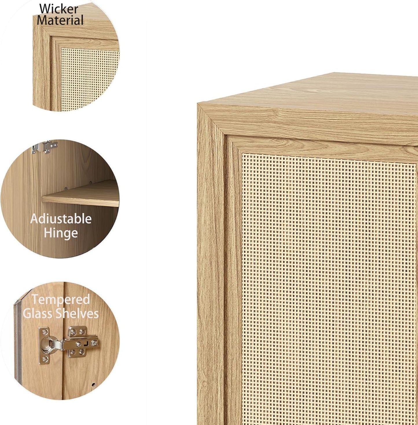 Buffet Cabinet, 4-Doors Sideboard Cabinet with Rattan Panels, Buffet Console Accent Table for Hallway Entryway Dining Room, 72", Oak