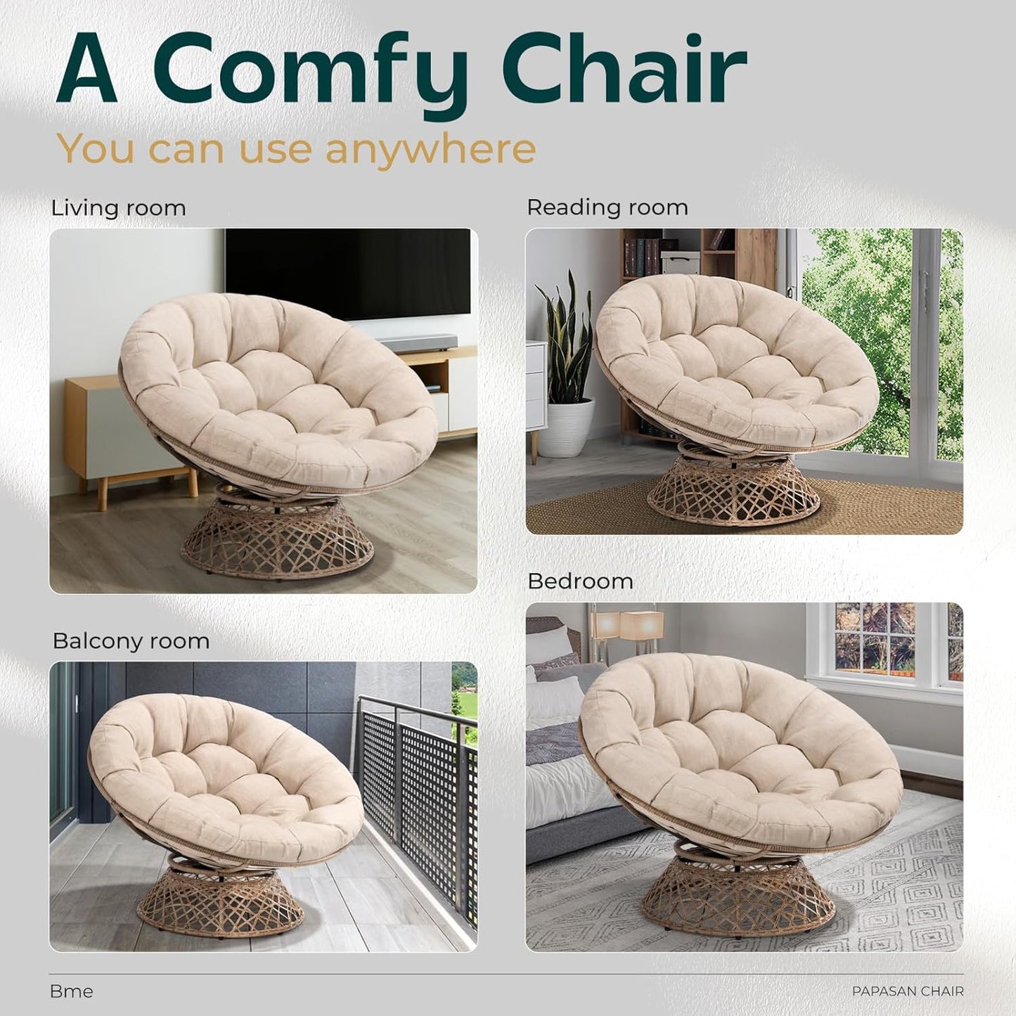 Bme Metal Oversized Swivel Papasan Chair, Living Room Chair with Beige Cushion, Brown Frame, 360° Swivel, Skillfully Woven Resin Wicker, 46 Inch Wide, Bee-Designed Base, Modern Style, Indoor Use