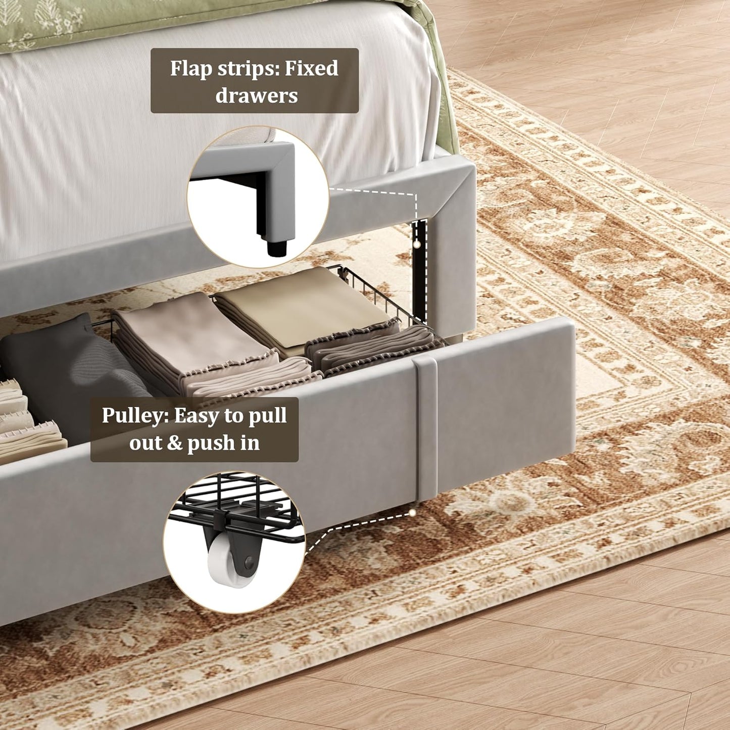 King Bed Frame with Storage Drawers, Upholstered Platform Bed with Headboard and Wingboard, No Box Spring Needed, NO Noise, Easy Assembly, Wooden Support Slats,Light Grey