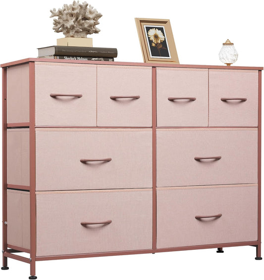 WLIVE 8 Drawer Dresser for Bedroom, Wide Fabric Dresser Storage Organizer, Chest of Drawers with Wood Top, Sturdy Steel Frame, Dressers for Living Room, Closet, Hallway, Pink