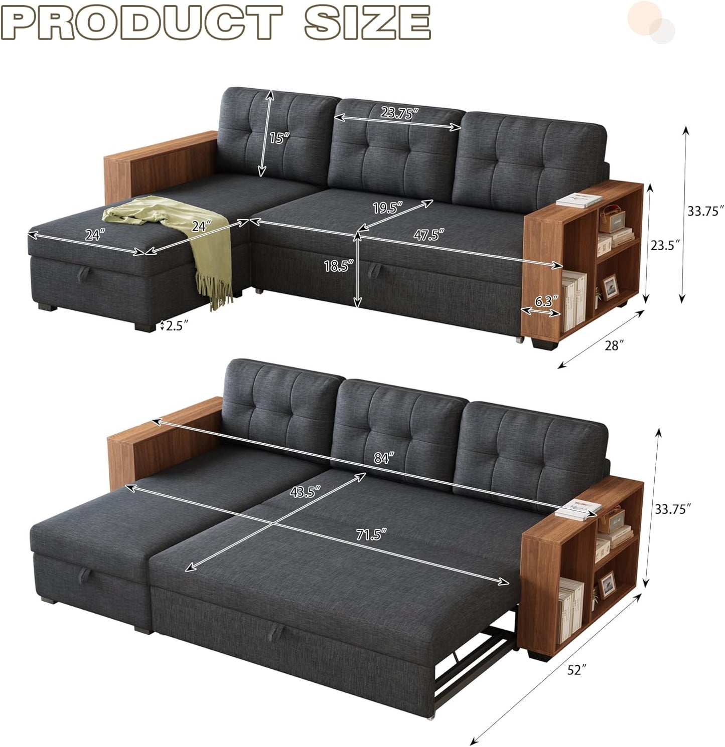 Ball & Cast 84" Sectional Sleeper Sofa with Storage Chaise,L Shaped Pull Out Couch Bed with Wooden Armrests and 3 Removable Back Cushion for Living Room,Apartment,Office,Dark Grey