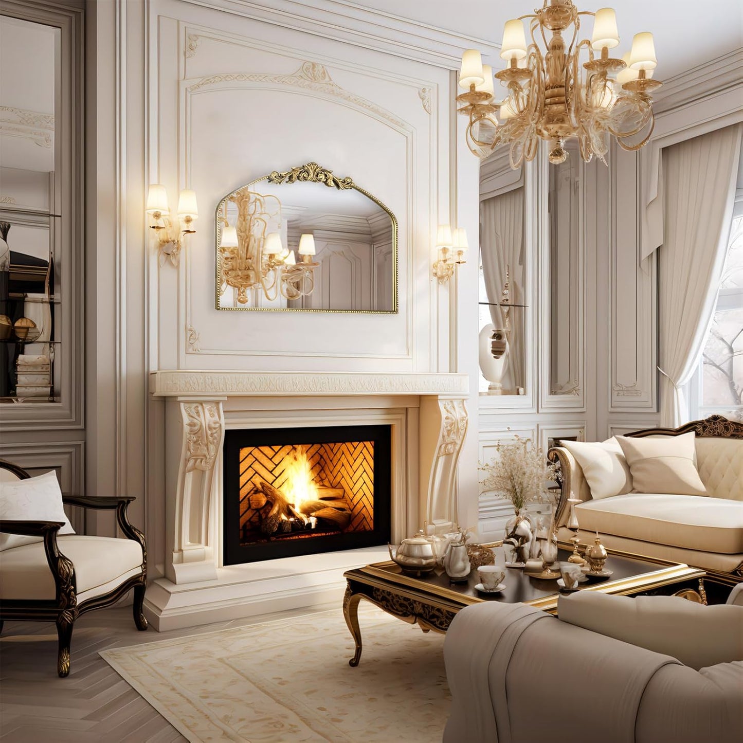 AIXI HOME Vintage Gold Arched Mirror 40"X31", Antique Baroque Mantel Wall Mirror with Ornate Metal Frame for Entryway/Fireplace/Living Room/Hallway/Bathroom/Bedroom