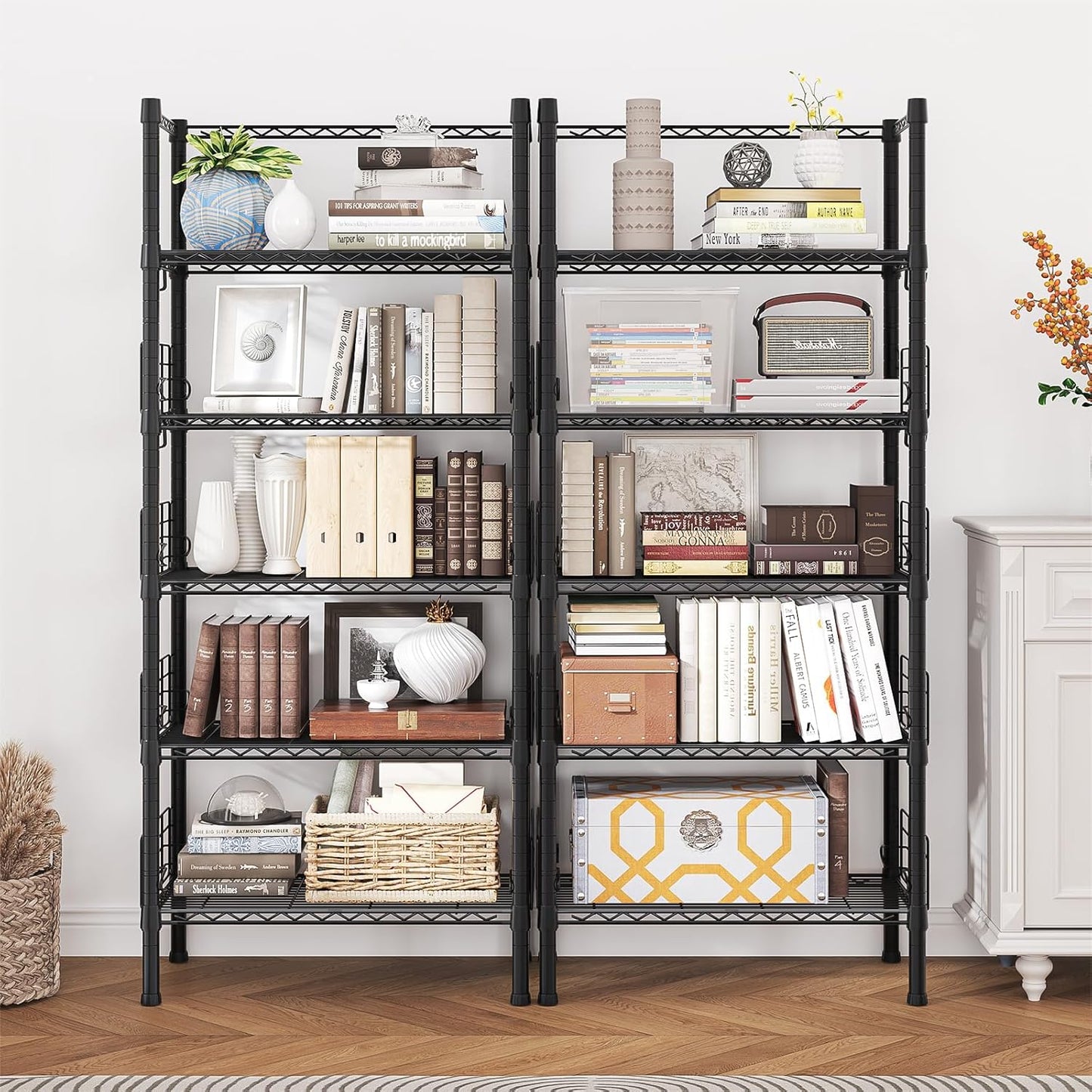 Metal Storage Rack, Storage Organizer Shelves for Kitchen, Bathroom, Living Room, Balcony and Garage, 5 Tiers Narrow Bookshelf, 21.2" W x 9.4" D x 59.2" H, Load 400lbs, Black