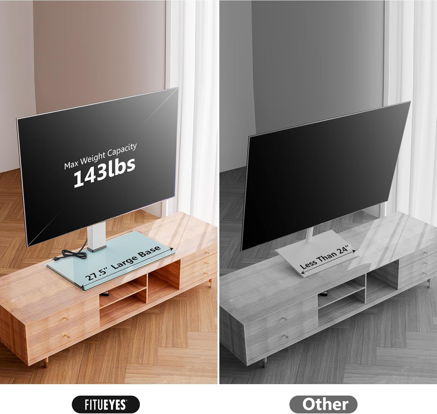 FITUEYES Universal TV Stand with Power Outlets for 50-85 inch TVs, Swivel&Height Adjustable Tall TV Stand for Bedroom Living Room, 27.5''Large Tempered Glass Base Holds up to 143 lbs, Ivory White