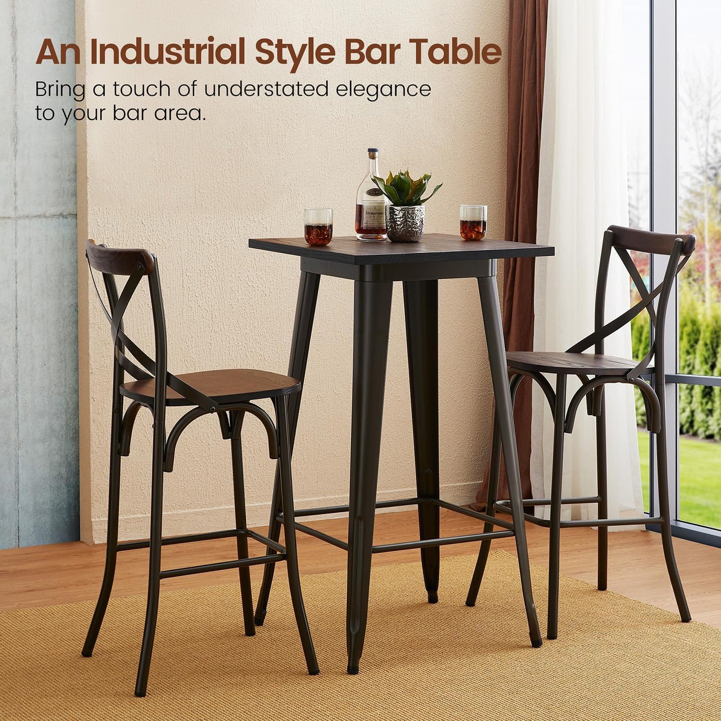 Glitzhome 41.25" H Modern Style Square High Heavy-Duty Metal Bar Table with Wooden Top Sturdy Frame Bistro Pub Table