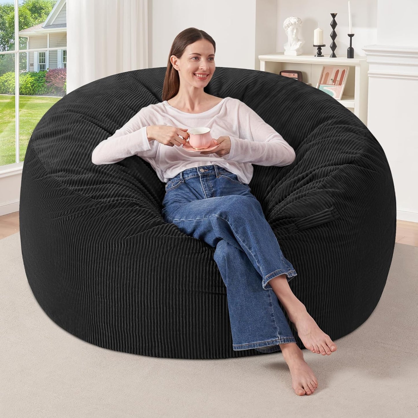 HABUTWAY 4FT Bean Bag Chair,Giant Bean Bag Chairs for Adults,Big Bean Bags with Memory Foam Filled, Large Beanbag Chairs with Soft Corduroy Cover-Black