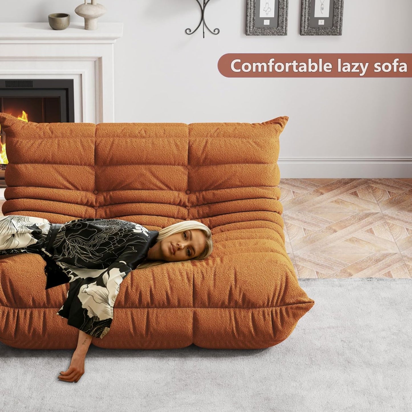 Bean Bag Chairs for Adults, BeanBag Reading Chair Memory Foam Couch 3-Seater, Floor Chair Soft Teddy Material, Comfy Reading Nook Chairs for Bedroom Living Room Office (Orange)