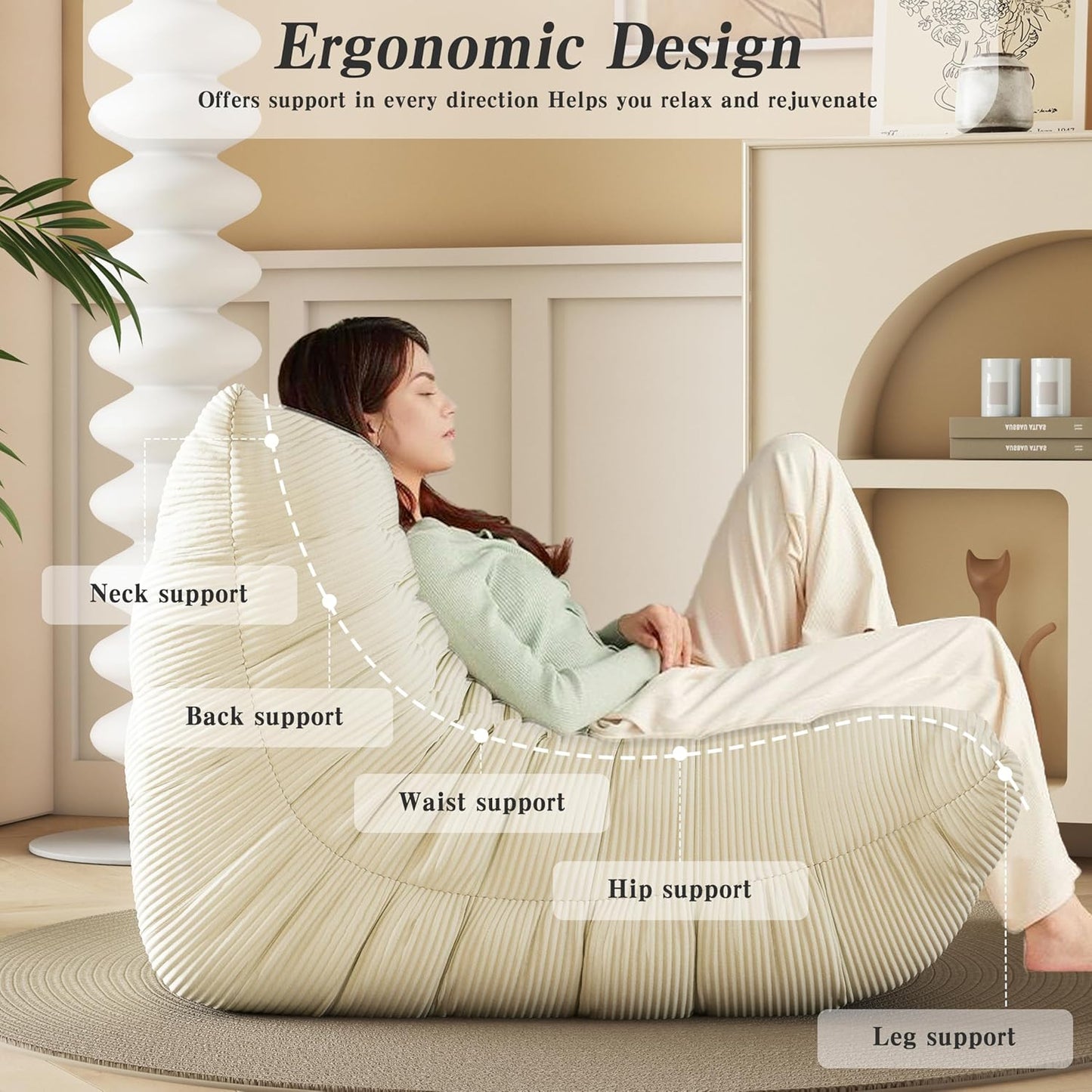 Bean Bag Chair, Lazy Floor Sofa Couch for Adults and Kids, Fireside Chair with Ergonomic Design, Memory Foam Lounge Chair for Living Room Bedroom, Office, Beige