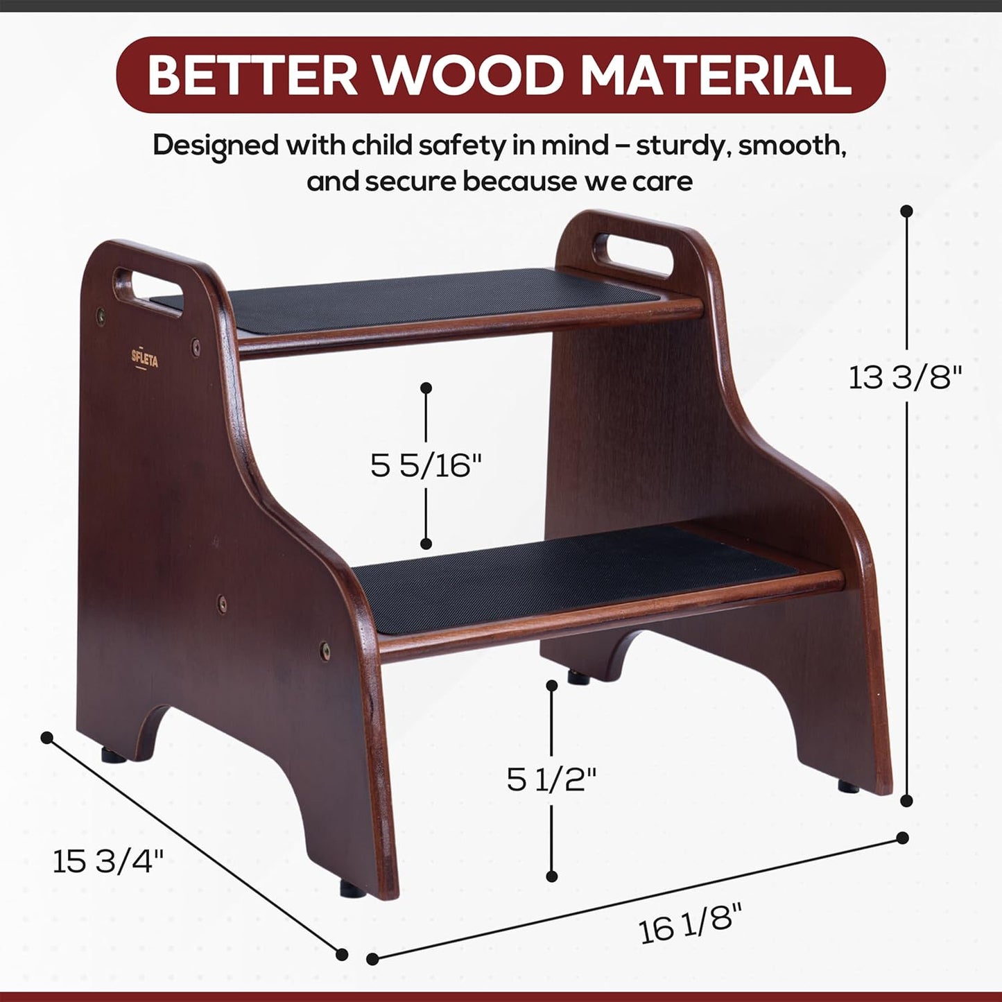 2-Step Wooden Step Stool for Adults & Kids – Non-Slip Bed, Bathroom, Kitchen, and Closet Use – Heavy-Duty Portable Step with Handles – 400 lb Capacity