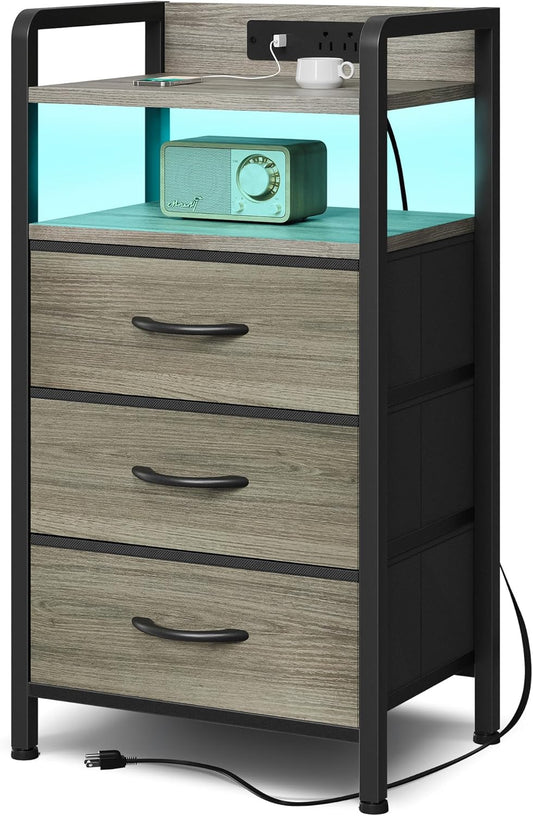 Night Stand with Charger Station - Grey Nightstand with LED Light Strip, Morden Bedside Table with USB Ports & AC Outlets, End Table with Storage Shelf & 3 Fabric Drawers