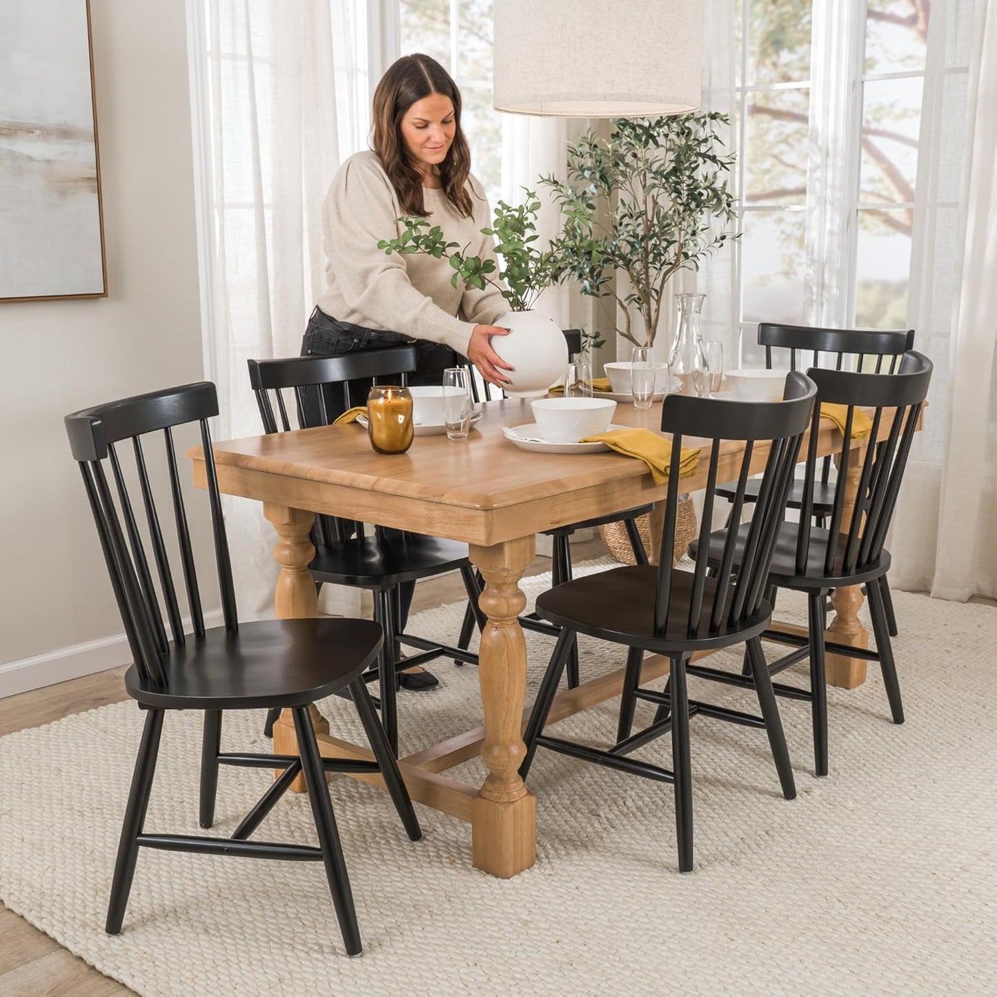 Bush Furniture Rectangular Dining Table Set for 6, with 67 inch Squire Trestle, High Back Spindle Dining Chairs, Farmhouse Transitional, Sterling Collection, Light Brown and Black