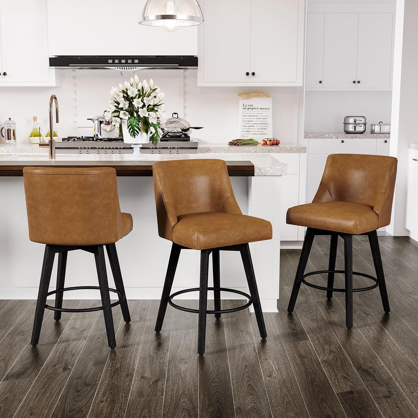 Counter Height Swivel Bar Stools Set of 3, 26 Inch Bar Stools with Footrest, Faux Leather Upholstered Barstools with Back and Solid Wood Legs for Kitchen Island, Dining Room,Pub,Brown