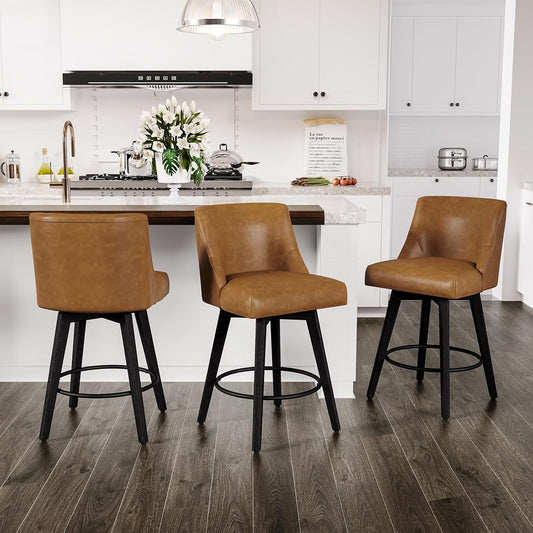 Counter Height Swivel Bar Stools Set of 3, 26 Inch Bar Stools with Footrest, Faux Leather Upholstered Barstools with Back and Solid Wood Legs for Kitchen Island, Dining Room,Pub,Brown