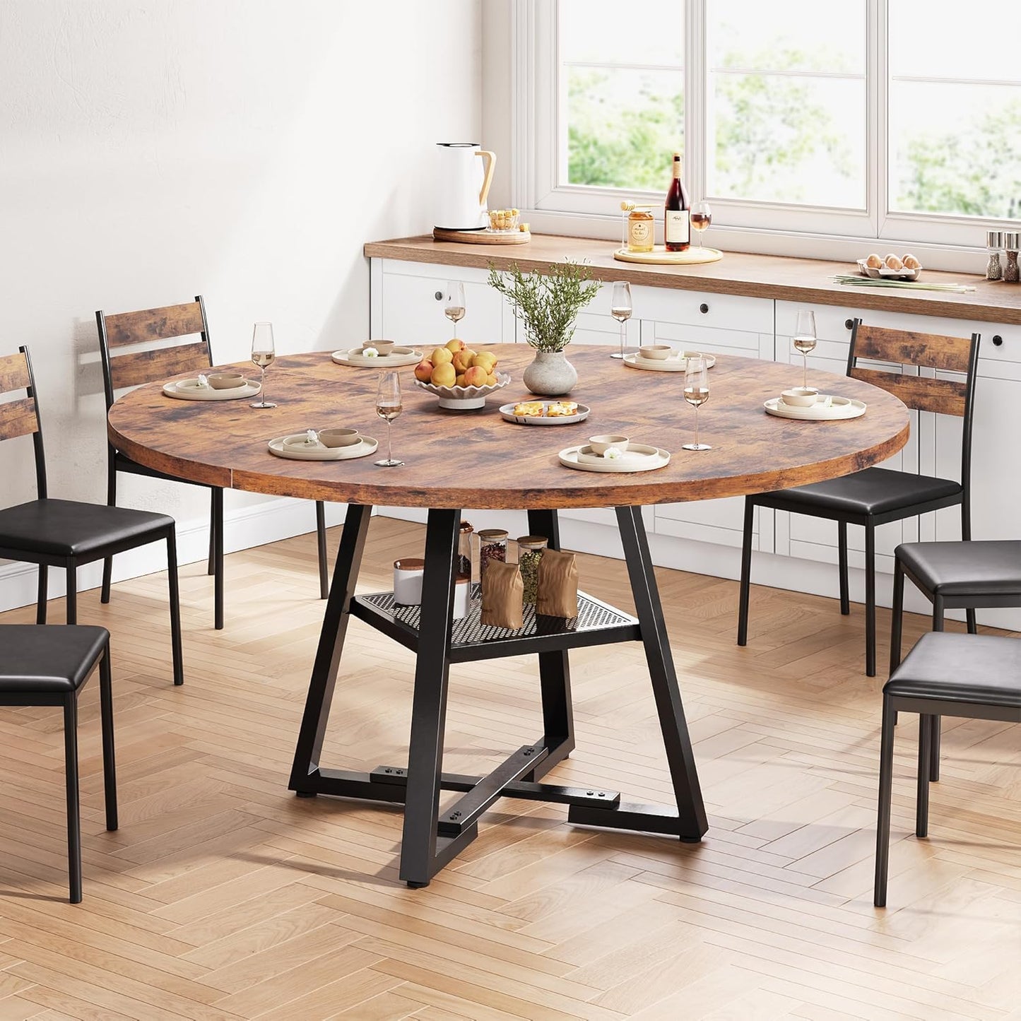 51'' Round Dining Table for 6,Kitchen Dining Room Circle Dinner Pedestal Table,Space Saving Wood Kitchen & Dining Room Furniture (Vintage, 51In)