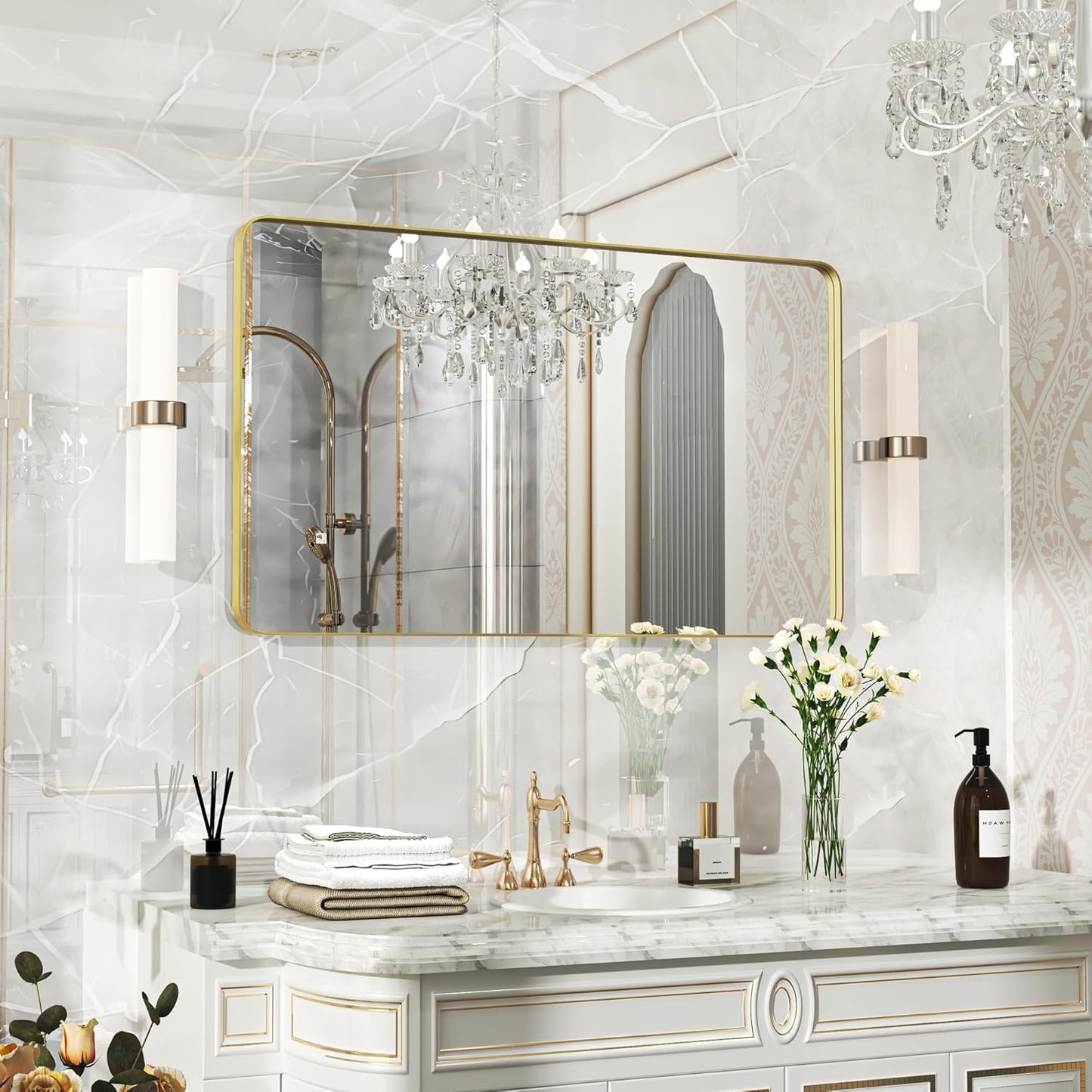 40×24 Gold Bathroom Mirror, Rectangular Bathroom Vanity Mirror for Wall with Rounded Corners & Aluminum Alloy Frame, Tempered-Glass, Modern, Farmhouse, Horizontal/Vertical, Entryway, Bedroom