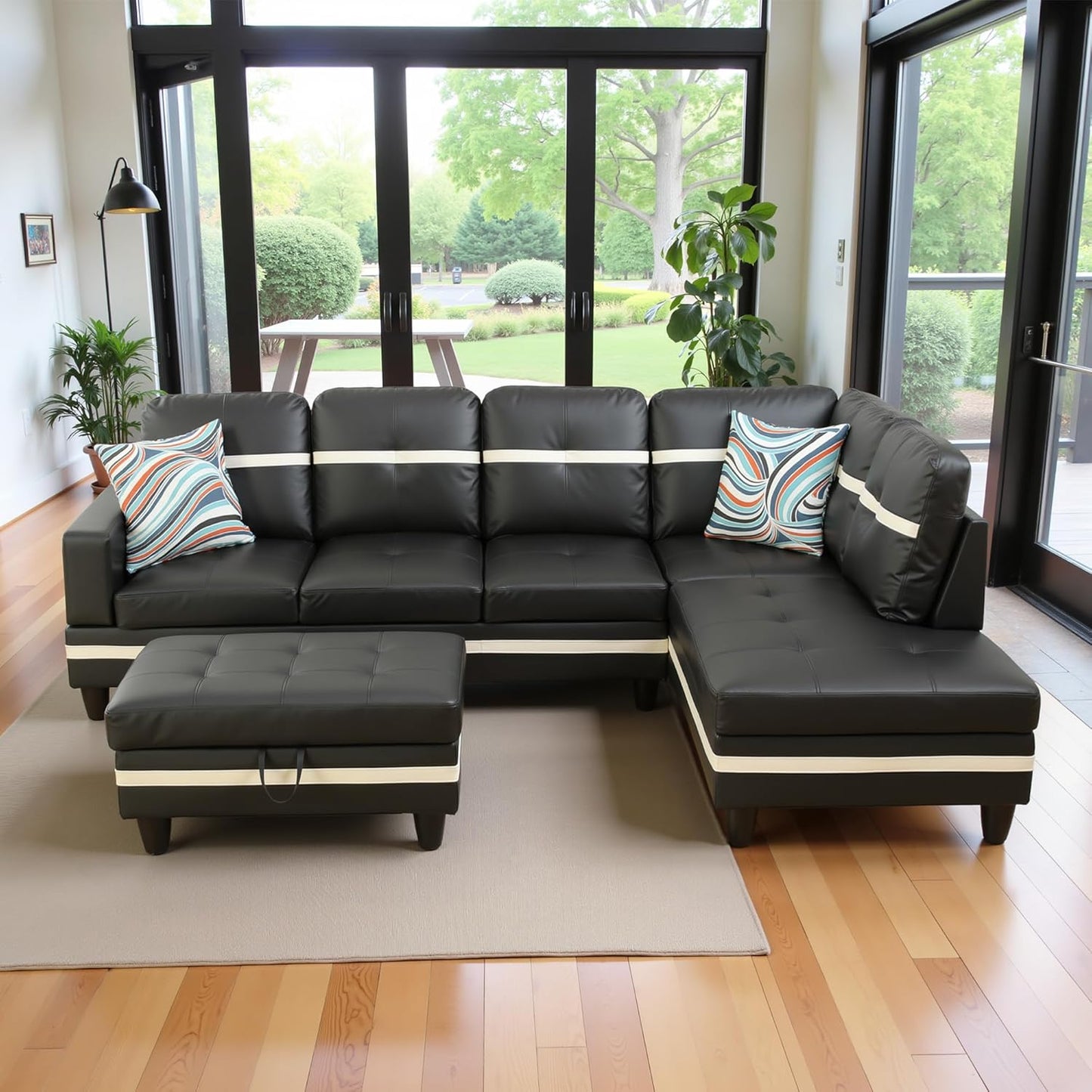 103.5" Oversized Sectional Couch, L Shaped Couch with Storage Ottoman, Modern Modular Sofa with Deep Seat, Sectional Couches for Living Room and Office, Black and White (PU Leather)