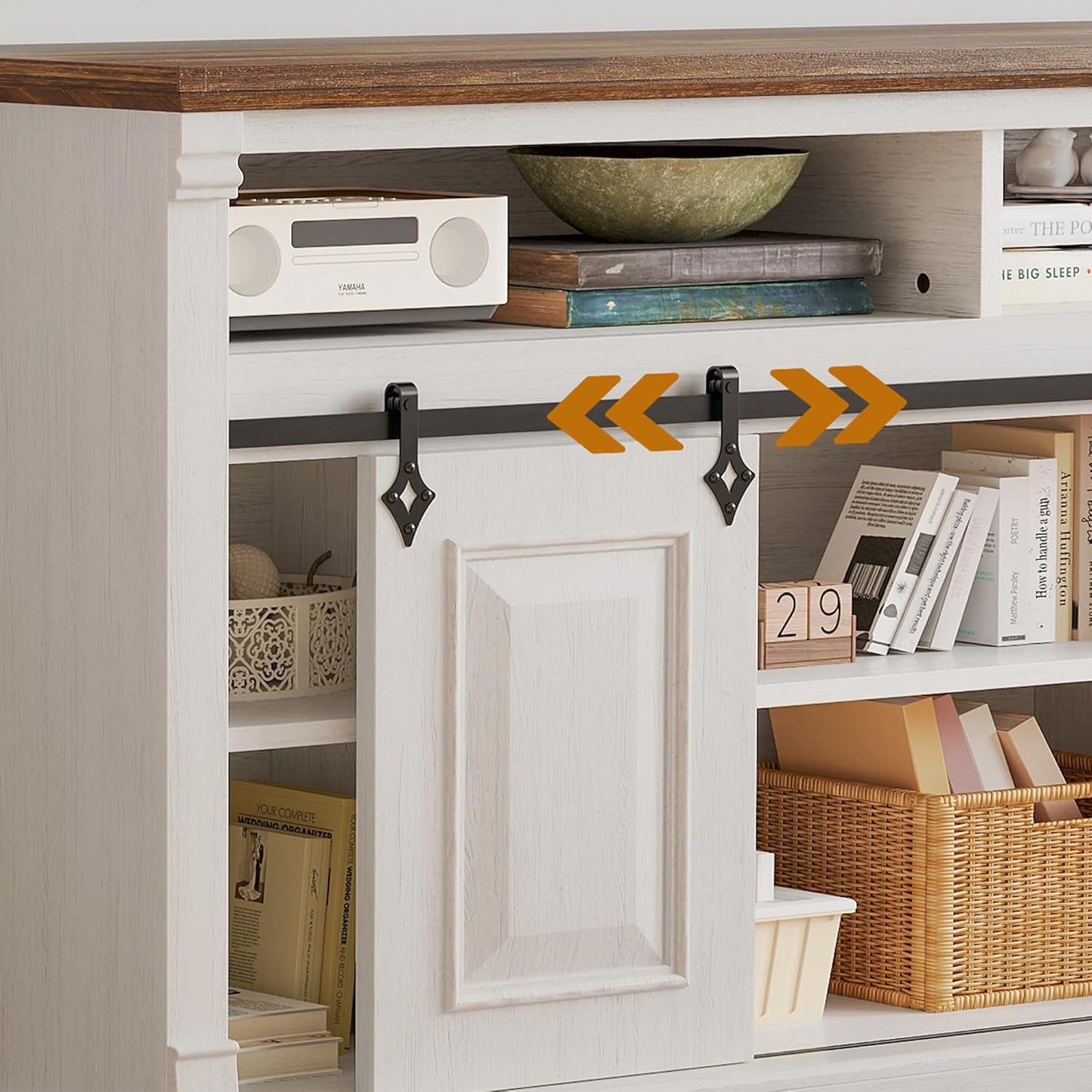 IRONCK Farmhouse TV Stand for 65+ Inch TV, 59" Entertainment Center with Storage Cabinets and Sliding Barn Door, Media Console for Living Room, White