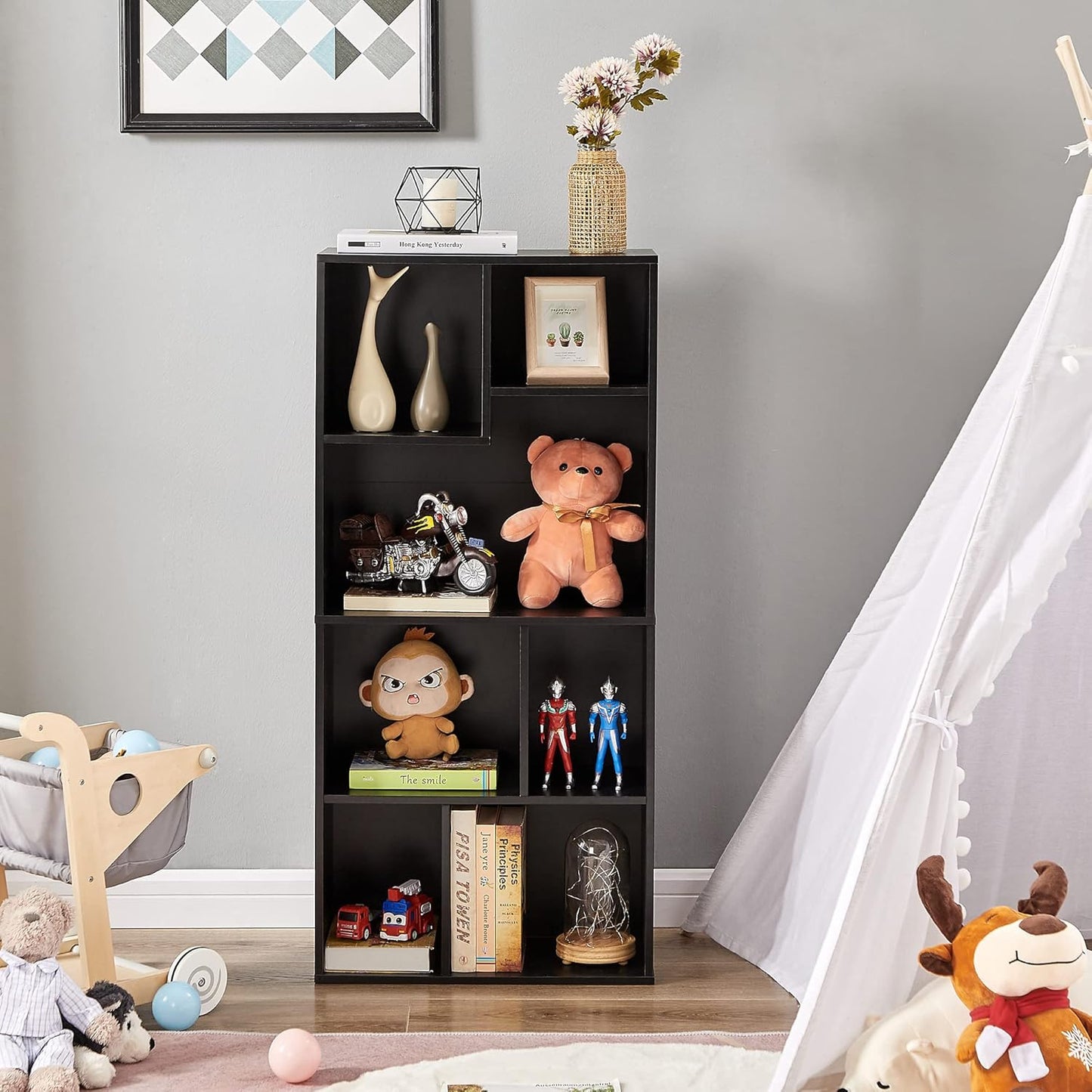 VECELO 42 Inch High Bookcase, 4-Tier Modern Storage Cabinet with Height Difference Shelves for Standard Textbooks, Floor Standing, 7 Cubes, Horizontal Available, Easy Assembly, Vintage Black