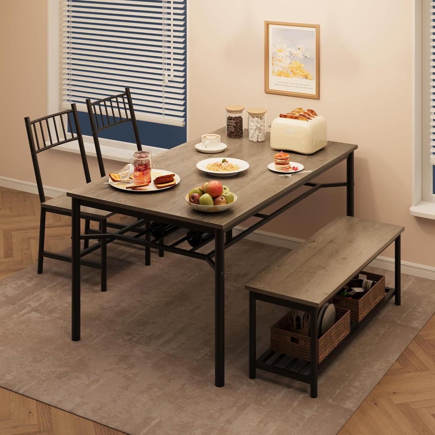 Dining Table Set for 4, Kitchen Table for 4 with Bench and 2 Chairs, 4-Piece Dining Table Set for Apartment, Small Space, Gray