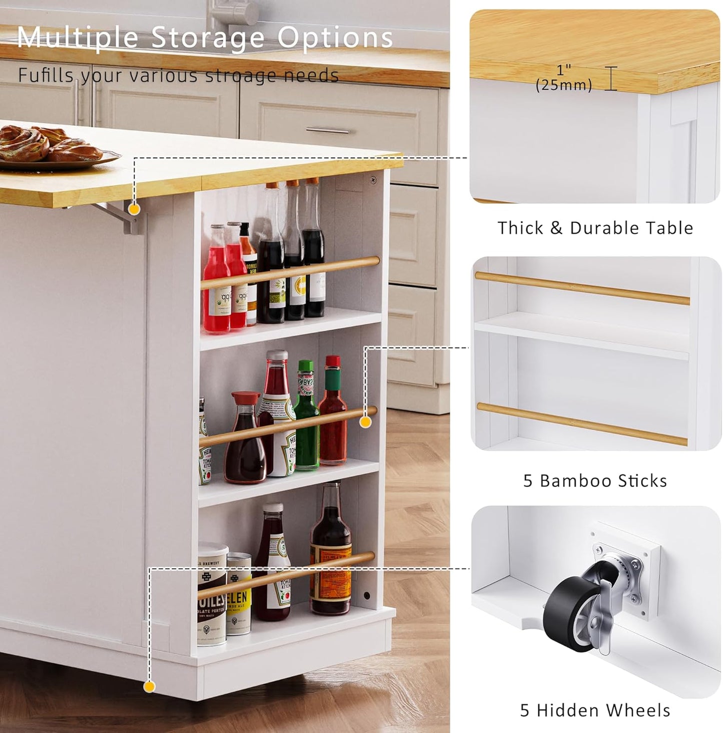 YOTPO 53" Large Kitchen Island with Drop Leaf,Power Outlet & Door Internal Storage Rack,Rolling Kitchen Cart on 5 Wheels W/ 5 Open Side Racks for Kitchen,Dining Room,White(Not Include bar stools)