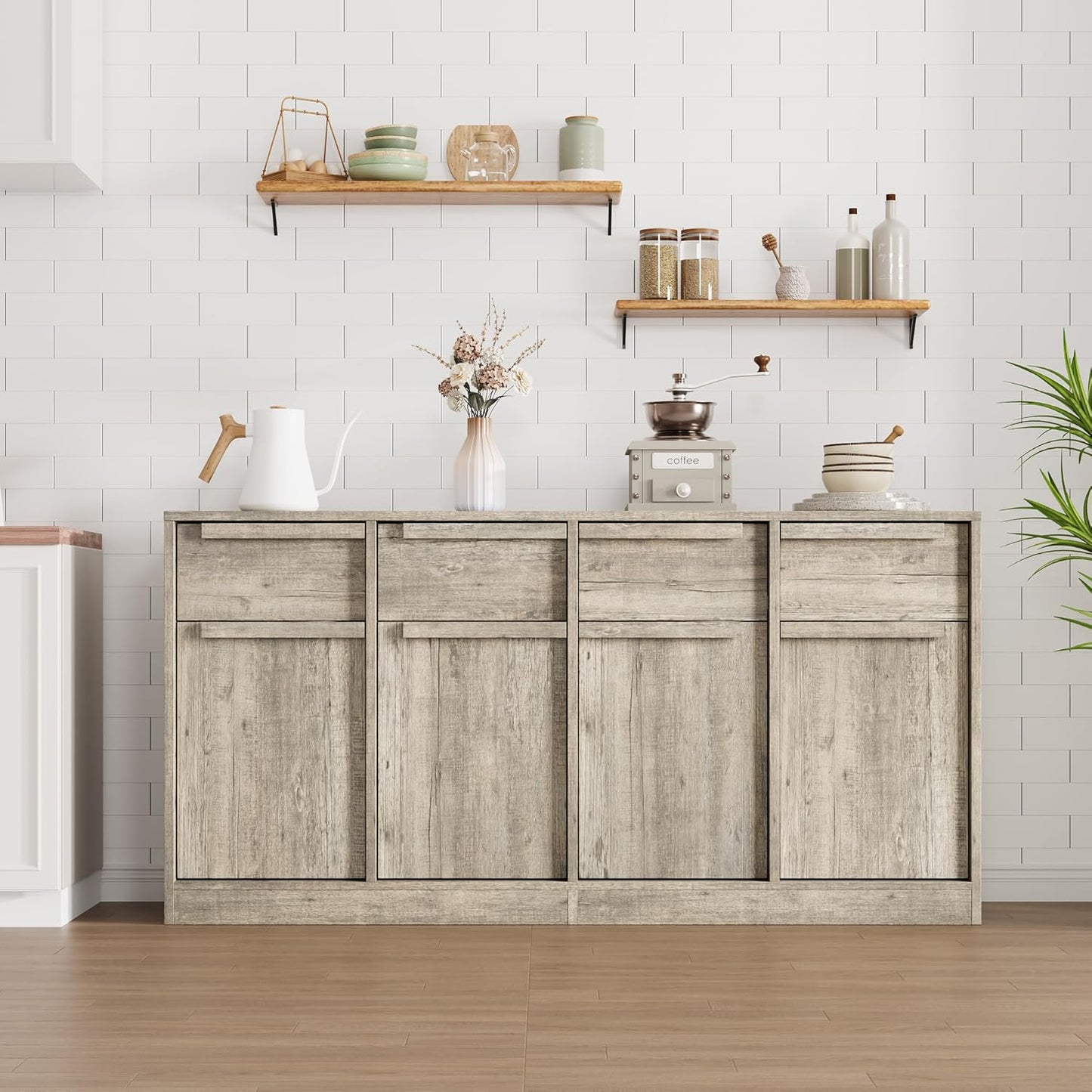 GarveeHome Sideboard Buffet Cabinet with 4 Drawers, 62.4" Large Coffee Cabinet with Storage, Modern Storage Buffet Table for Kitchen Dining Room, Living Room (Grey, 4 Doors & 4 Drawers)