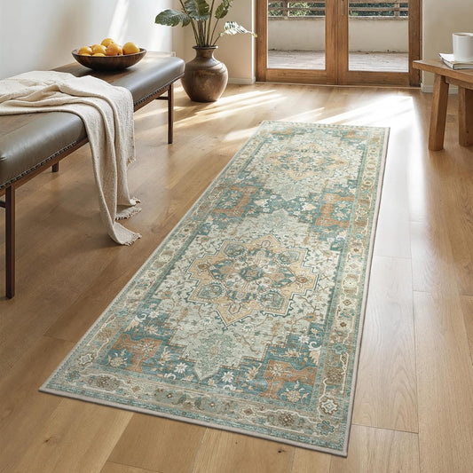 GENIMO 2x5 Runner Rugs for Hallway, Machine Washable Non Slip Vintage Rugs, Low Pile Lightweight Soft Print Rug for enrtyway, Corridor, Home Office, Kitchen,Ash Blue