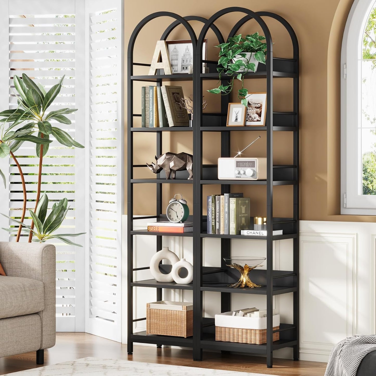 LITTLE TREE 6-Tier Open Bookshelf Set 2, Freestanding 78.7" Tall Arched Bookcase, Black Wooden Bookshelf with Metal Frame, Narrow Bookcase Display Shelves for Living Room, Bedroom, Office