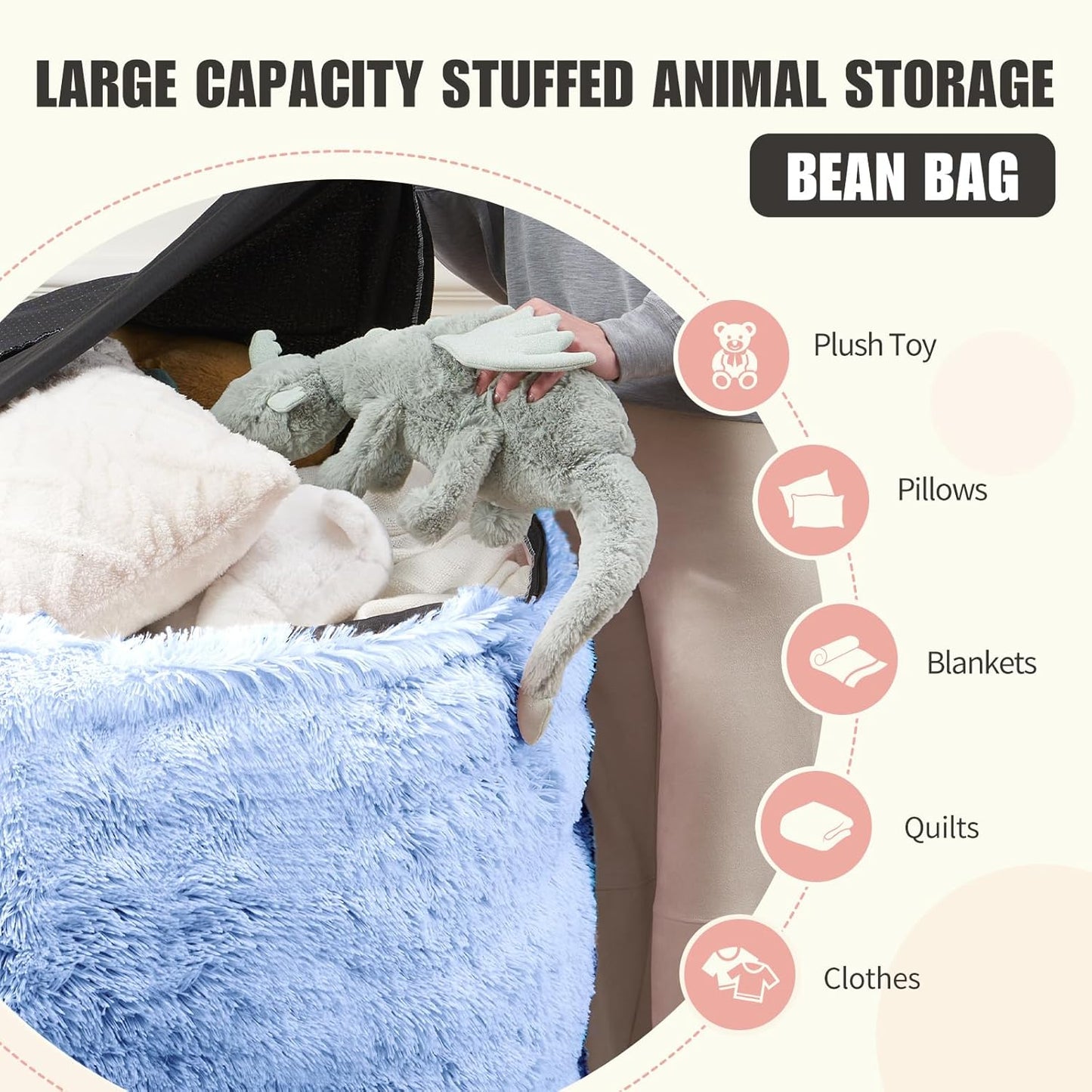 Bean Bag Covers Only, Fluffy Stuffed Beanbag Chair Covers No Filler, Washable Bean Bags Cover for Adults, Stuffed Animal Bean Bag Anti-Slip, 6FT, Blue