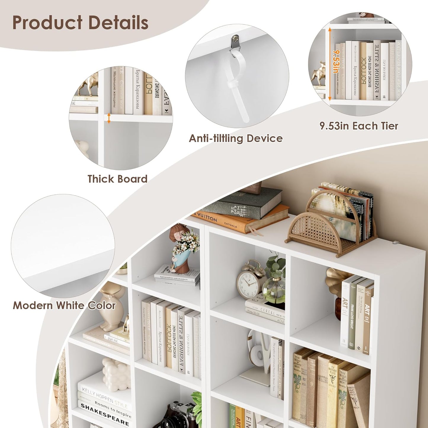 FOTOSOK 71'' White Bookshelf, Double Wide Media Tower Rack CD DVD Rack Display Cabinet with Adjustable Shelves, Tall Narrow Bookcase Bookshelf for Home Office, White