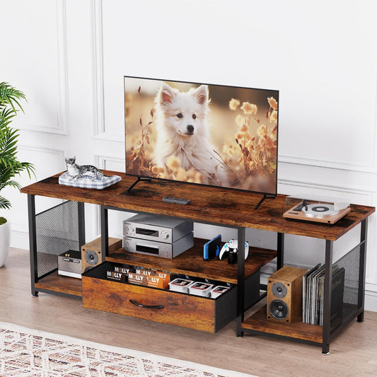 TV Stand with Drawers and Open Storage Shelves for 65 60 55 Inch TV, Entertainment Center with Open Storage Shelves, Industrial Media TV Console Table for Living Room Bedroom Office, Rustic Brown