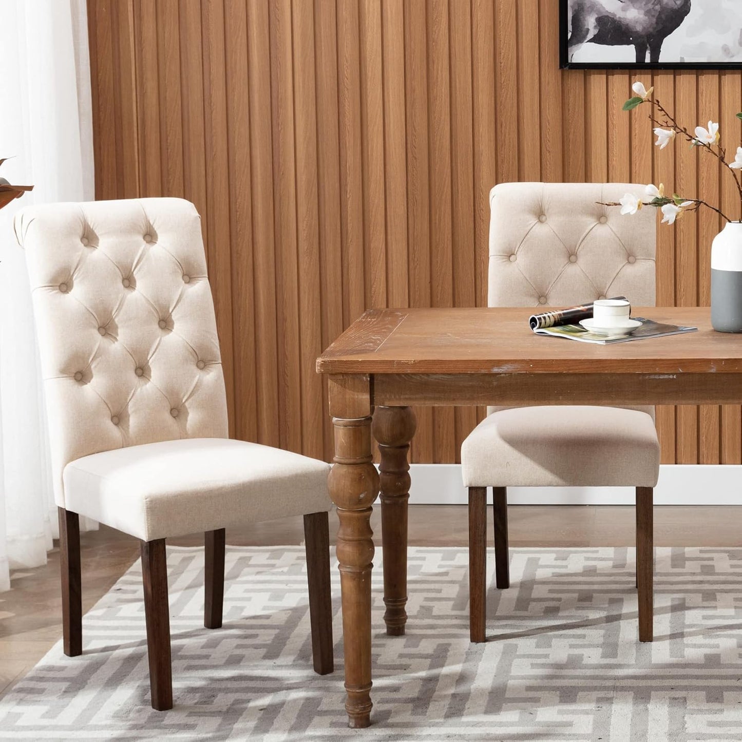 COLAMY Tufted Upholstered Dining Chairs Set of 2, Accent Parsons Chairs with Solid Wood Legs and Padded Seat, Beige