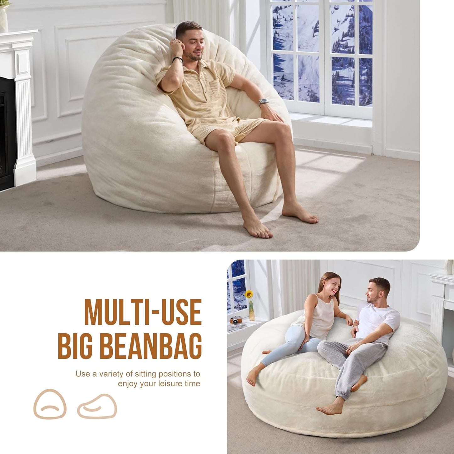 Hobestluk 6ft Bean Bag Chairs for Adults Large Beanbag Chair with Plush Faux Fur Cover Big Bean Bag Chair for Living Room Bedroom Dorm Office - White (70" x 70" x 15")