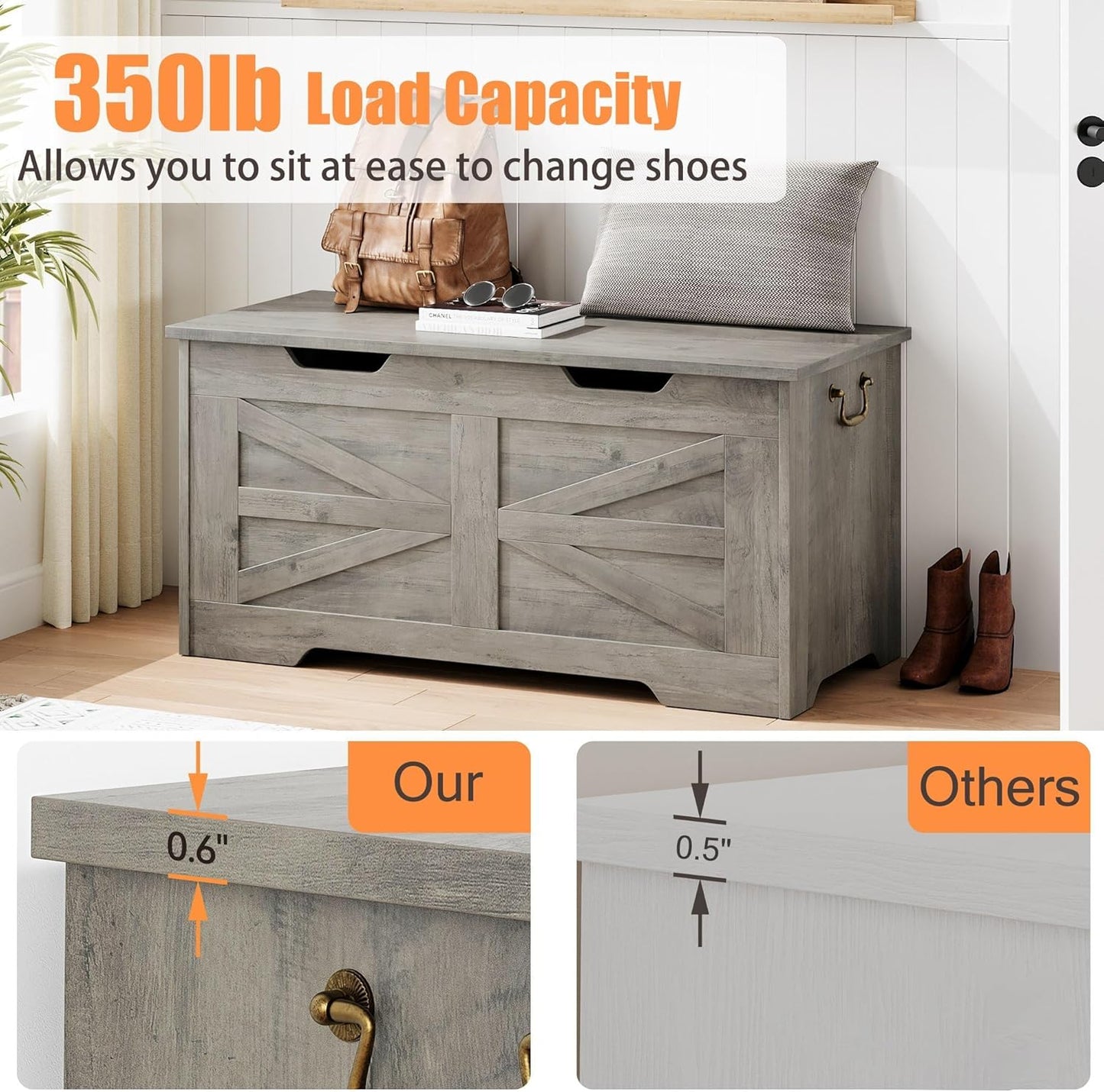 GarveeHome 39.4" Storage Chest, Toy Chest With Lids, Entryway Storage Bench with Safety Hinge, Wooden Storage Trunk, Supports 350 Lb, for Living Room, Bedroom,Gray