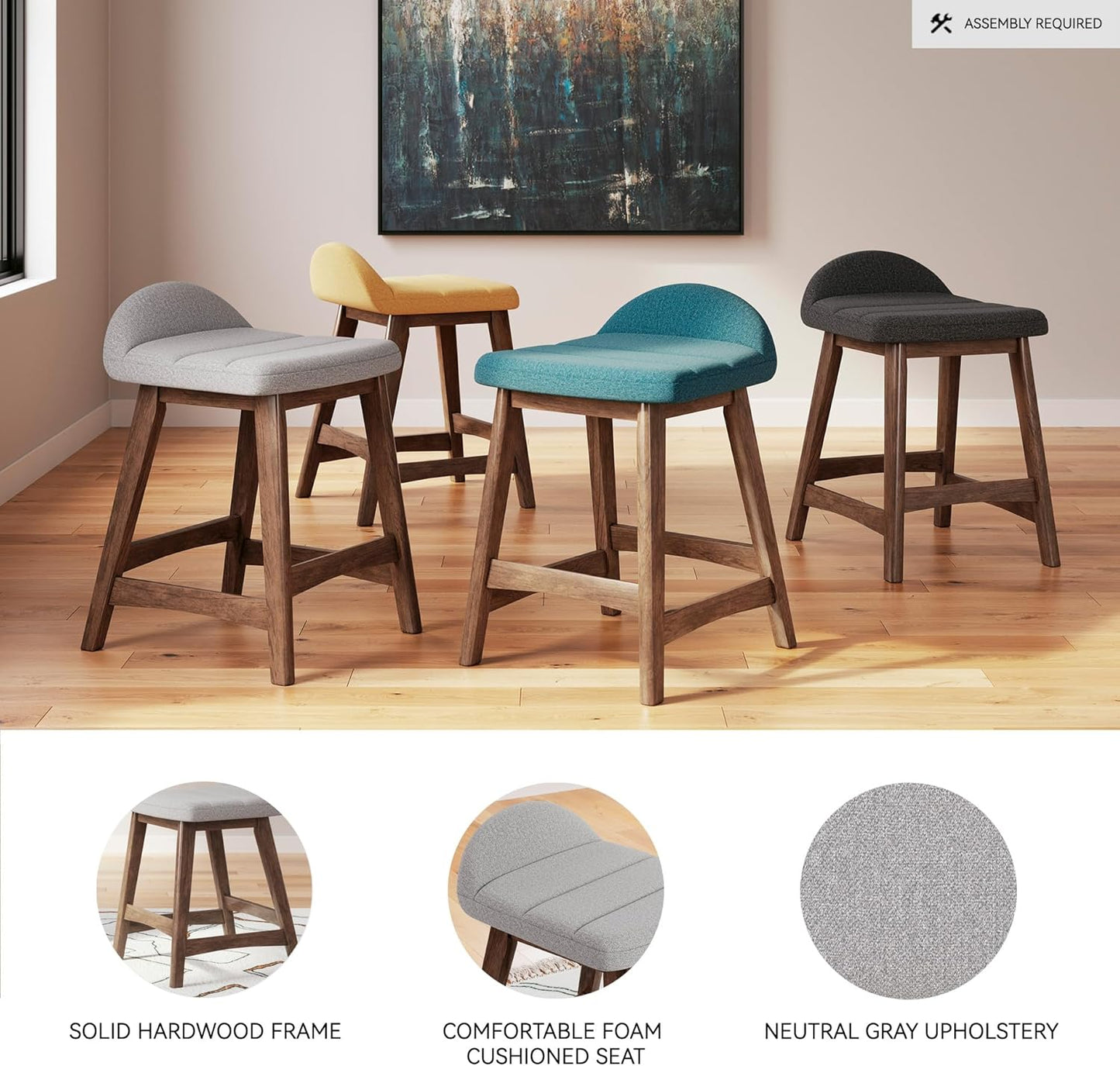 Signature Design by Ashley Lyncott Contemporary 28.5" Counter Height Upholstered Bar Stool with Foam Cushion, 2 Count, Light Gray & Brown