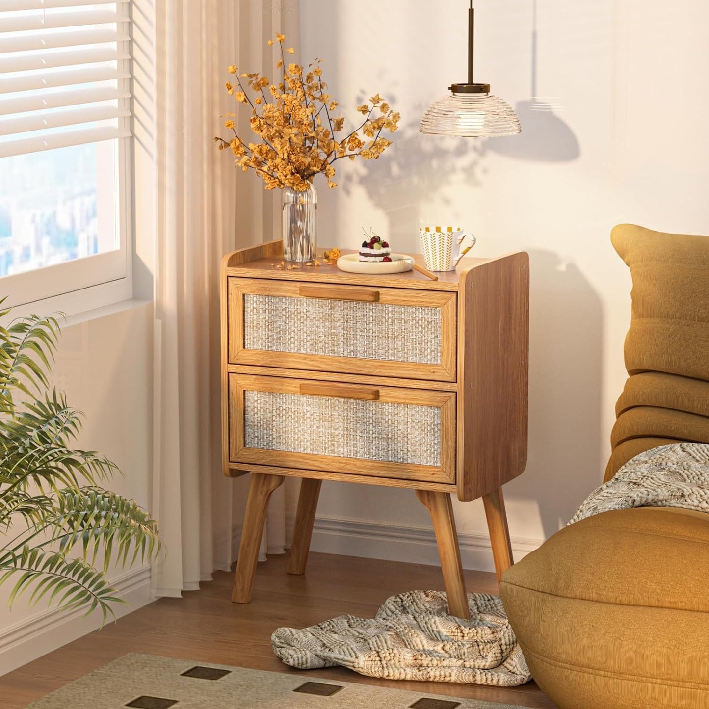 Lerliuo Rattan Nightstands Set of 2, Boho Night Stand with 2 Drawers, Cane Accent Side End Table, Bedside Table with Solid Wood Legs for Bedroom, Dorm and Small Spaces (Tea Brown)